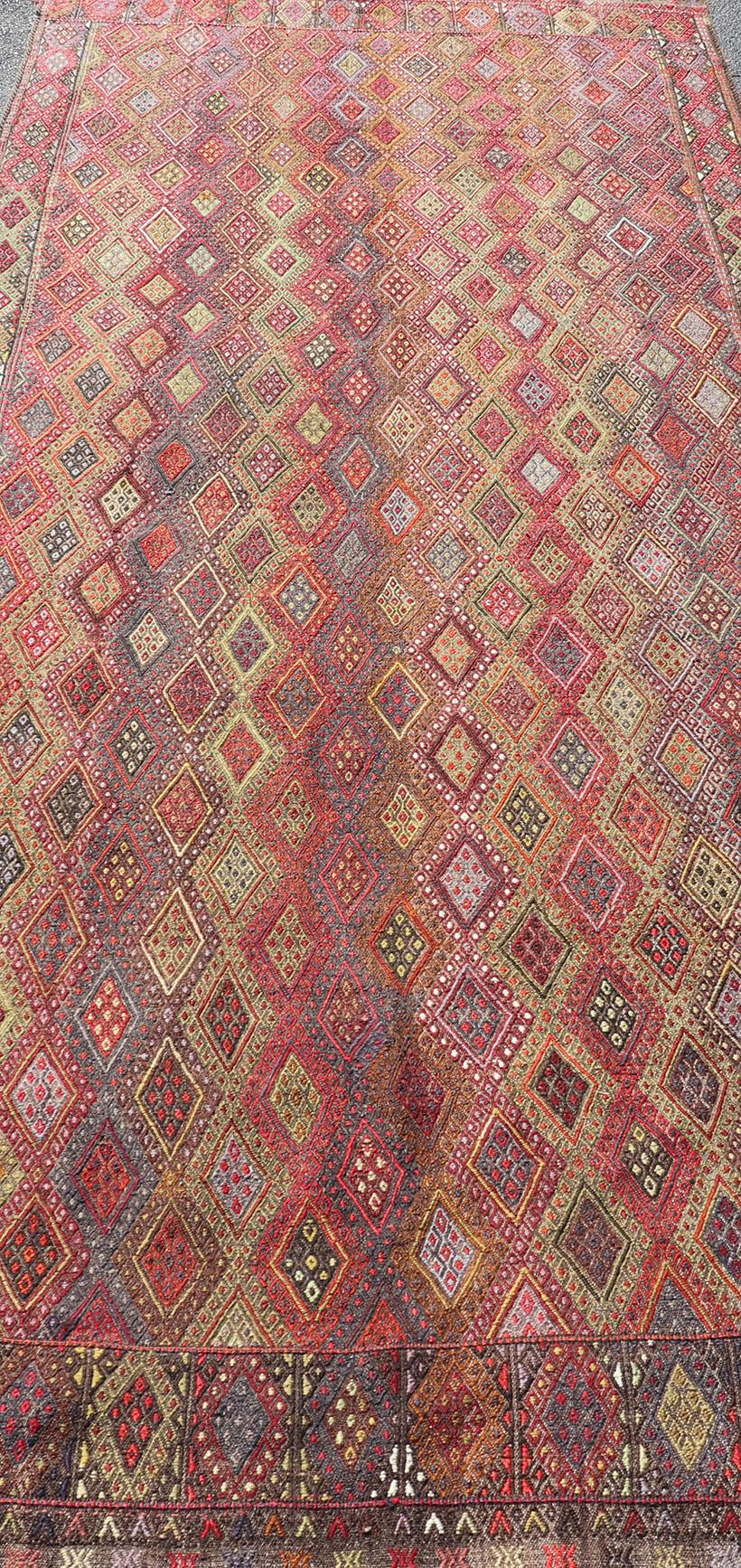 Hand-Woven Vintage Turkish Gallery Kilim with All-Over Diamond Design in Multicolor For Sale