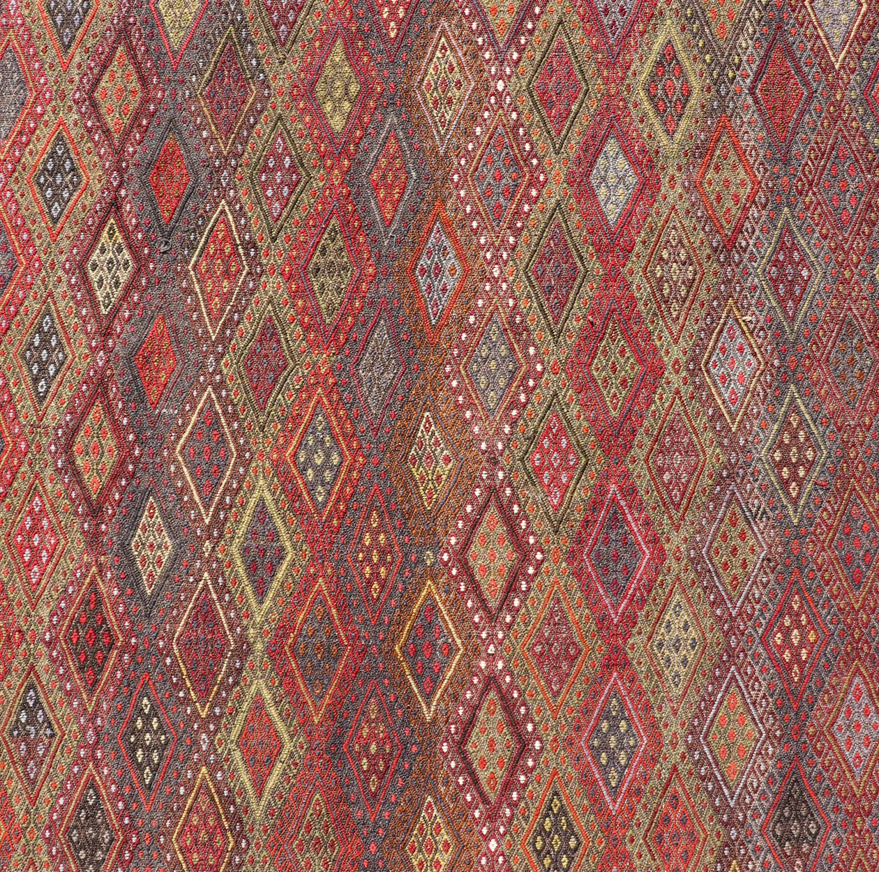 20th Century Vintage Turkish Gallery Kilim with All-Over Diamond Design in Multicolor For Sale
