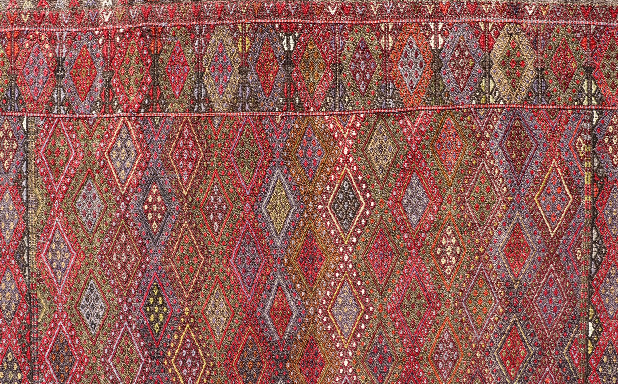 Wool Vintage Turkish Gallery Kilim with All-Over Diamond Design in Multicolor For Sale