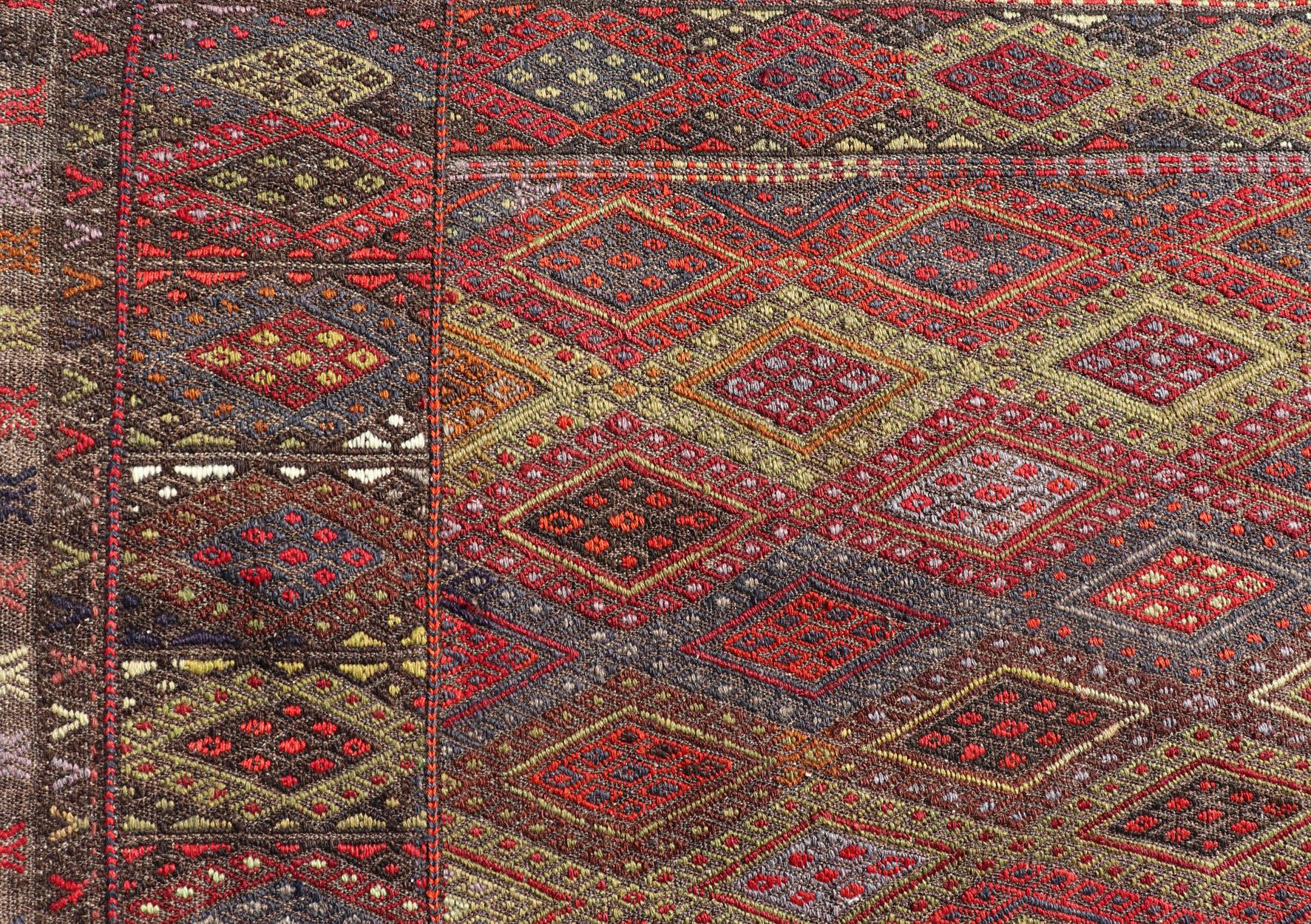 Vintage Turkish Gallery Kilim with All-Over Diamond Design in Multicolor For Sale 1