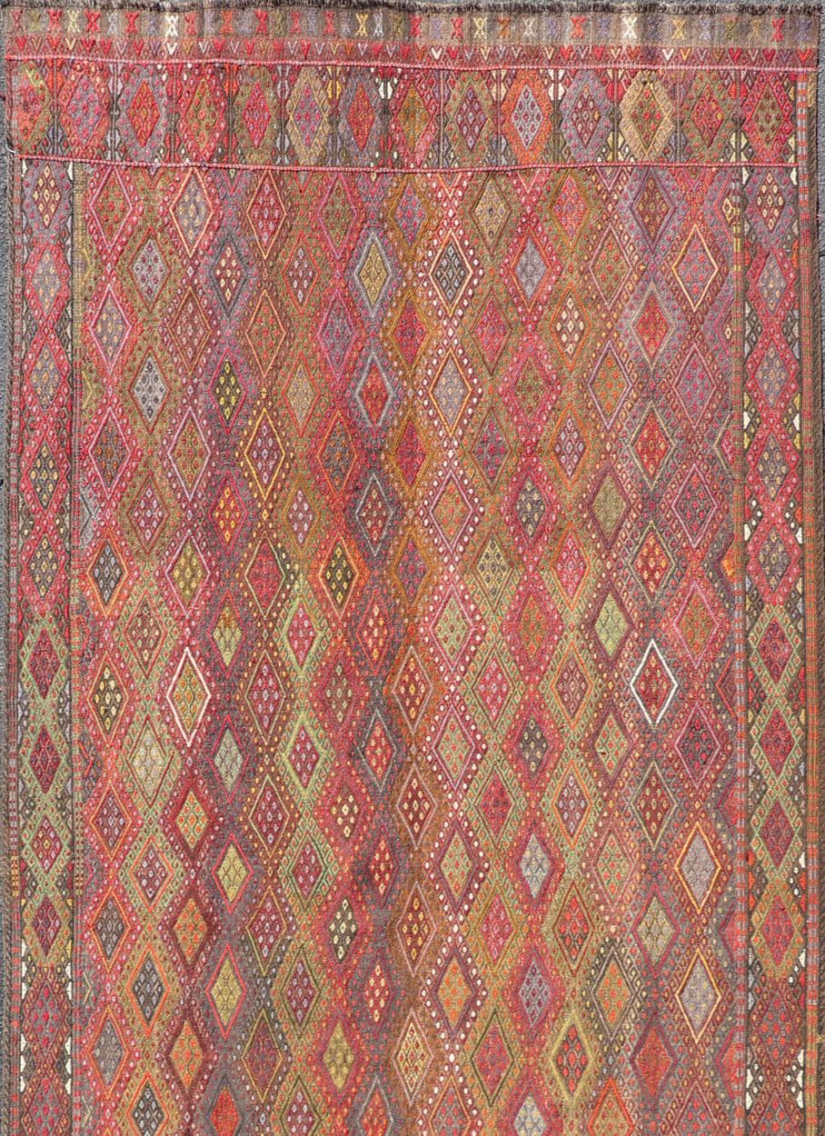 Vintage Turkish Gallery Kilim with All-Over Diamond Design in Multicolor For Sale 2