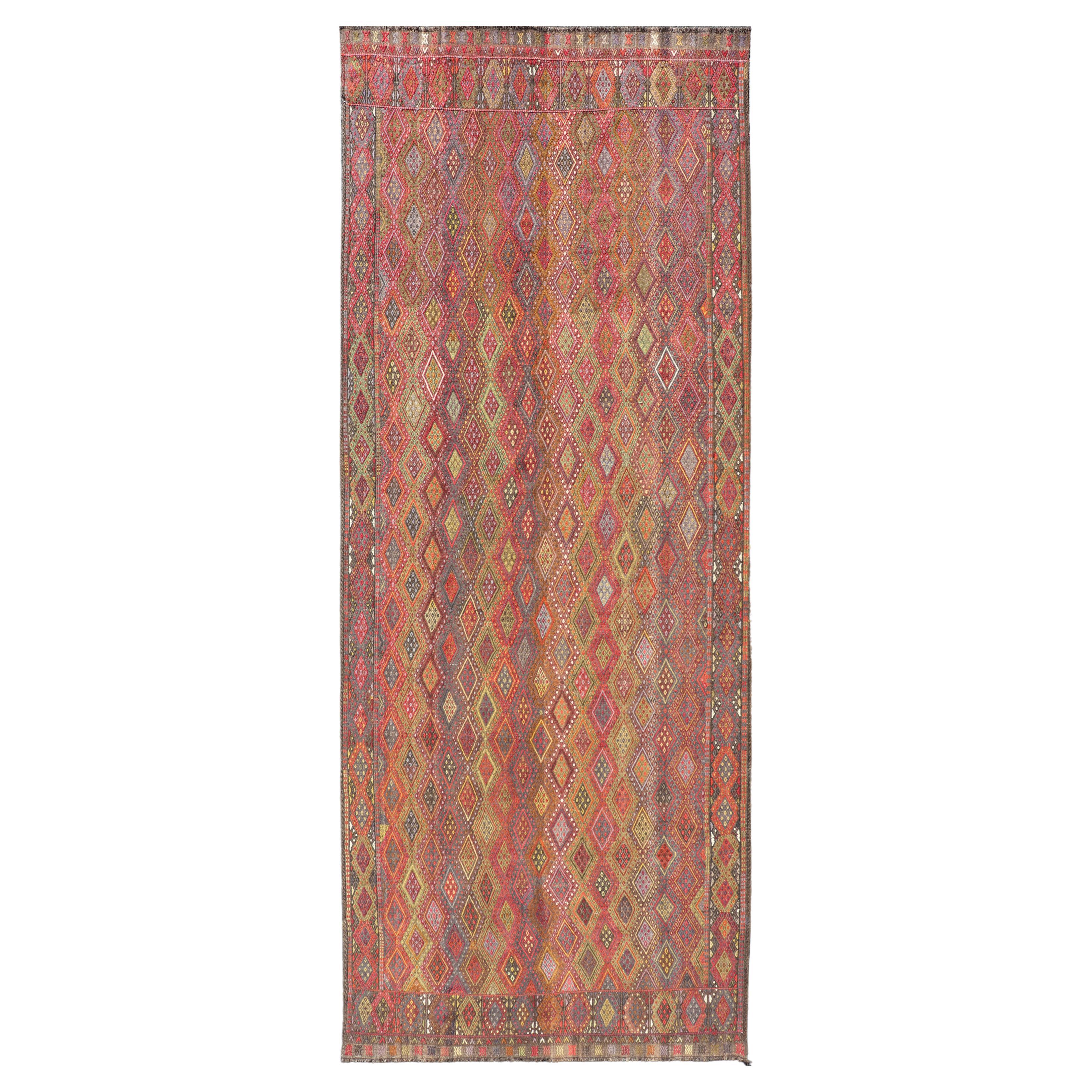 Vintage Turkish Gallery Kilim with All-Over Diamond Design in Multicolor