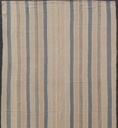 Vintage Turkish Gallery Kilim with Soft Neutral Stripes in Blue and Sand