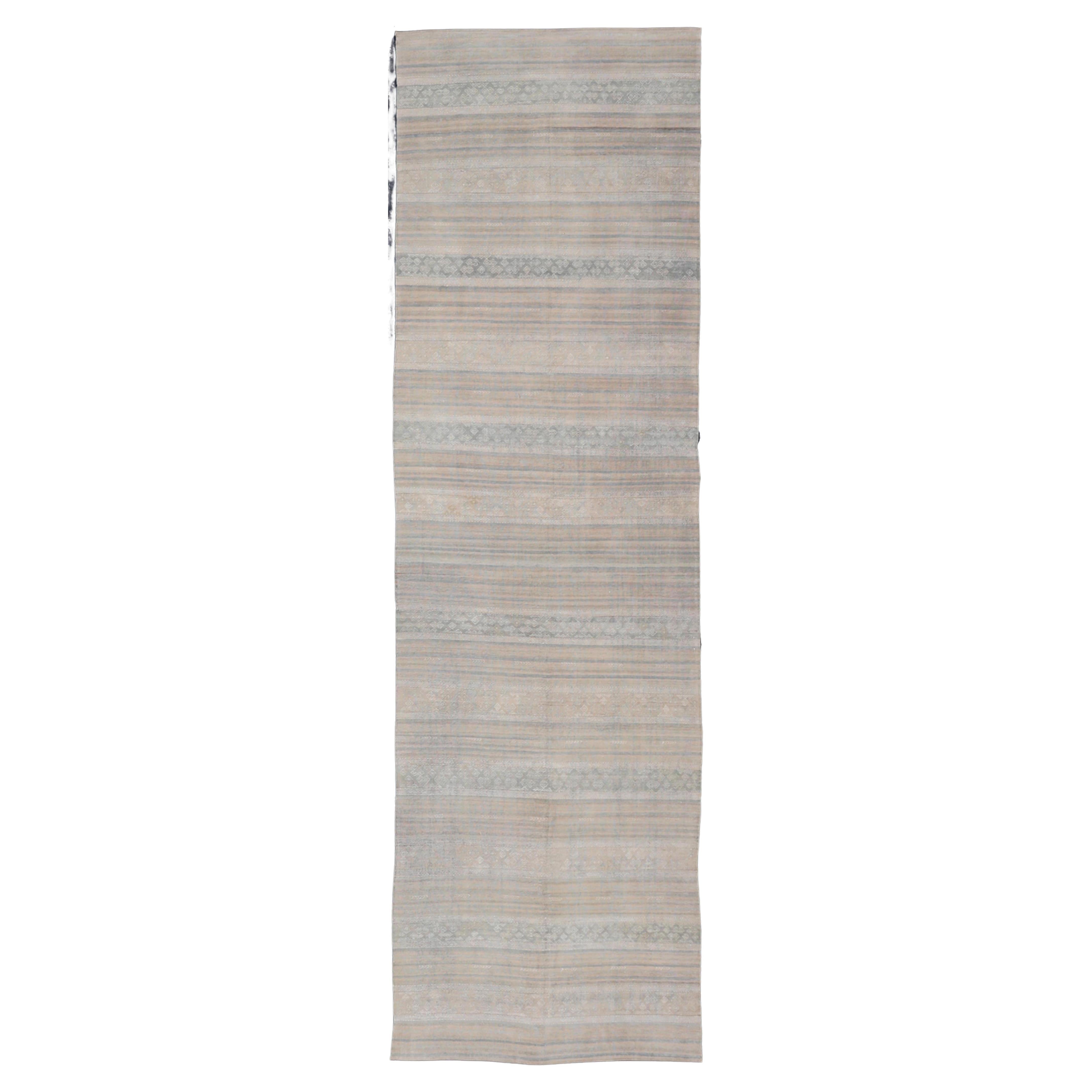 Vintage Turkish Gallery Kilim with Soft Sand, Pale Sage, and Powder Blue