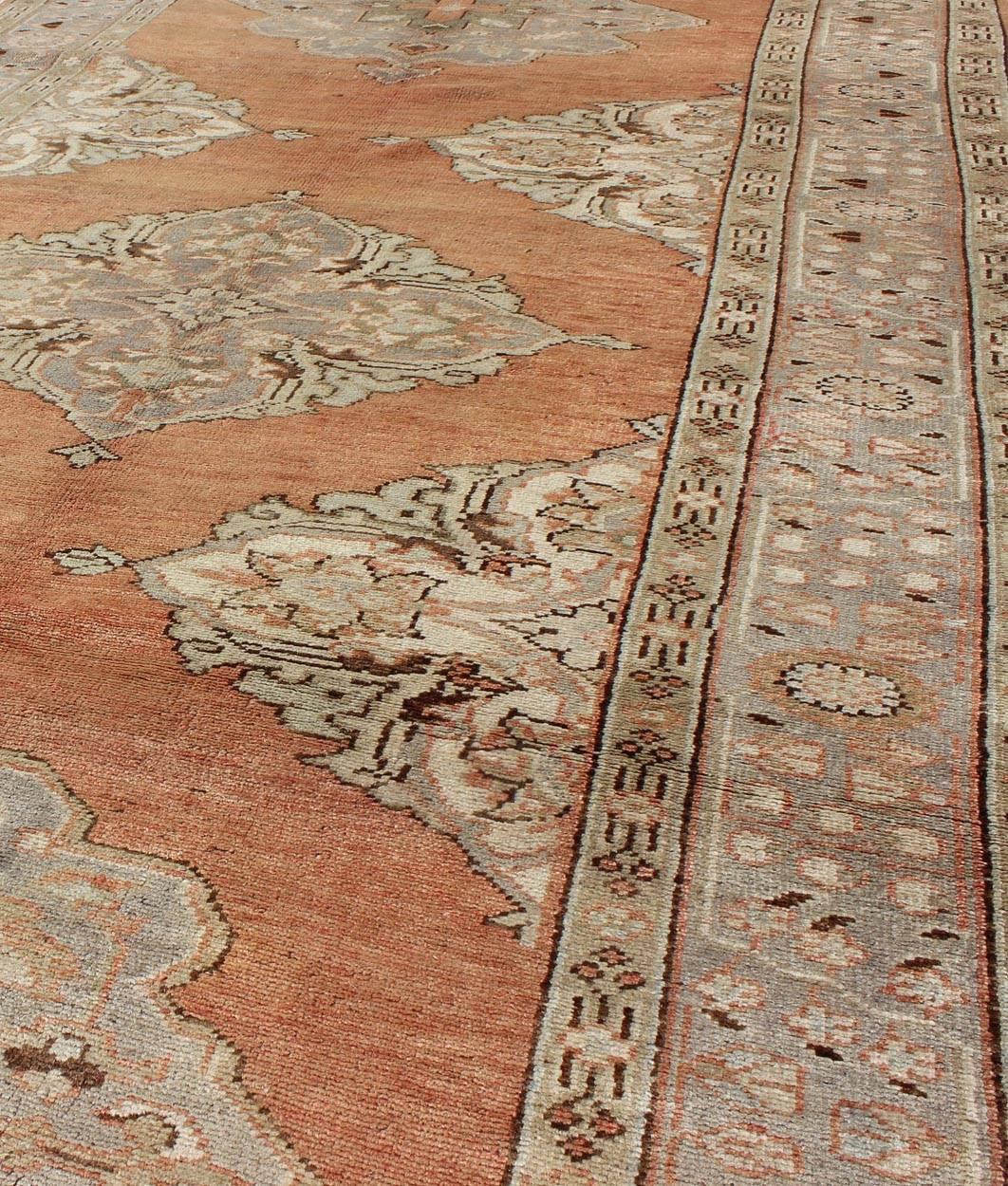 Vintage Turkish Gallery Rug with Three Floral Medallions in Burnt Orange & Gray In Excellent Condition For Sale In Atlanta, GA