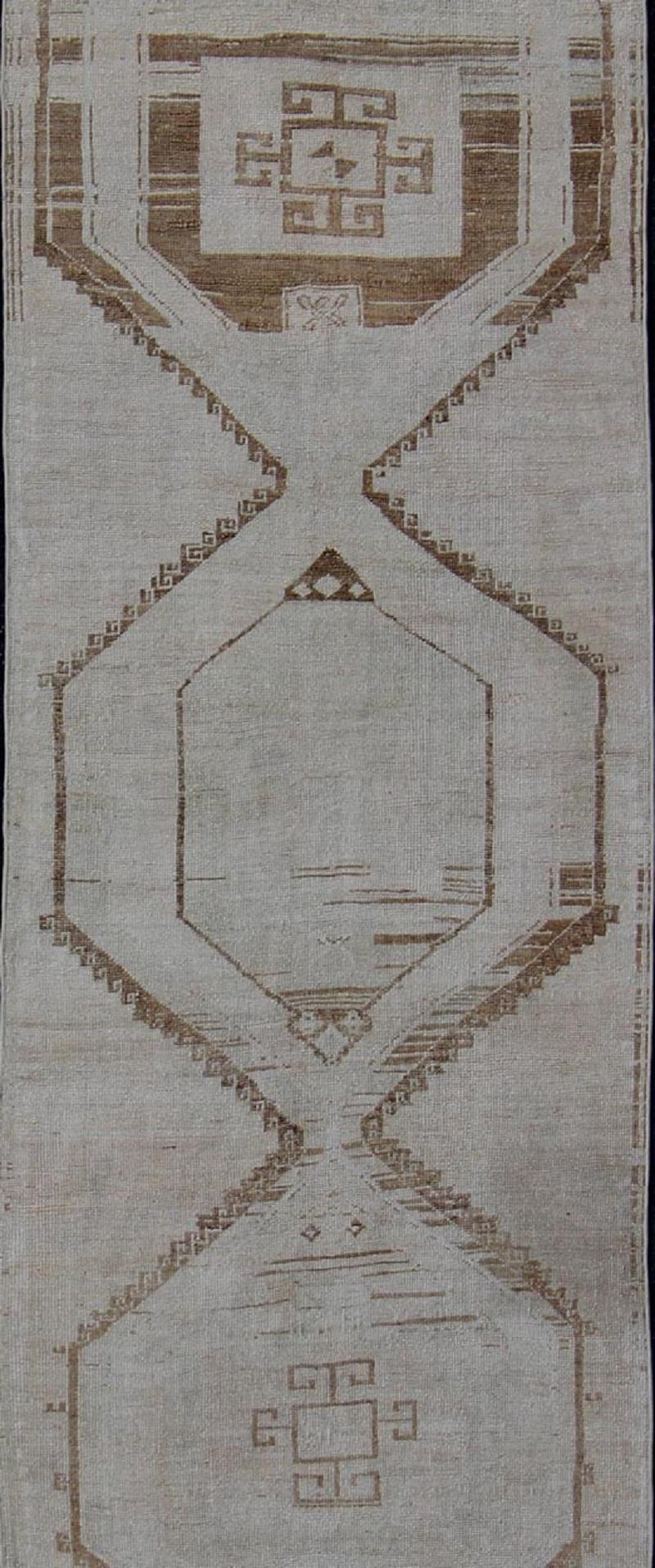 Hand-Knotted Vintage Turkish Geometric Oushak Runner with Medallions in Taupe and Brown For Sale