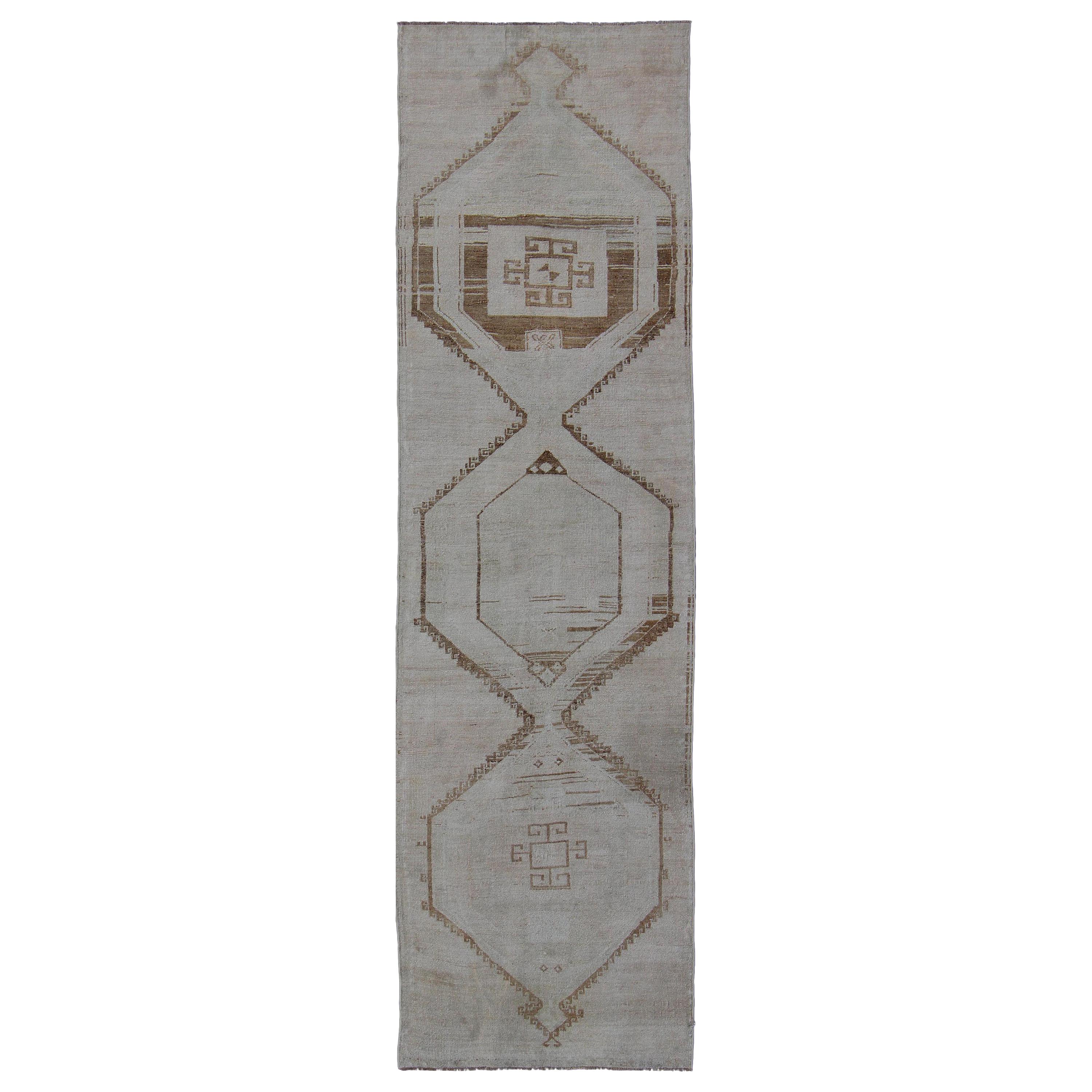 Vintage Turkish Geometric Oushak Runner with Medallions in Taupe and Brown For Sale