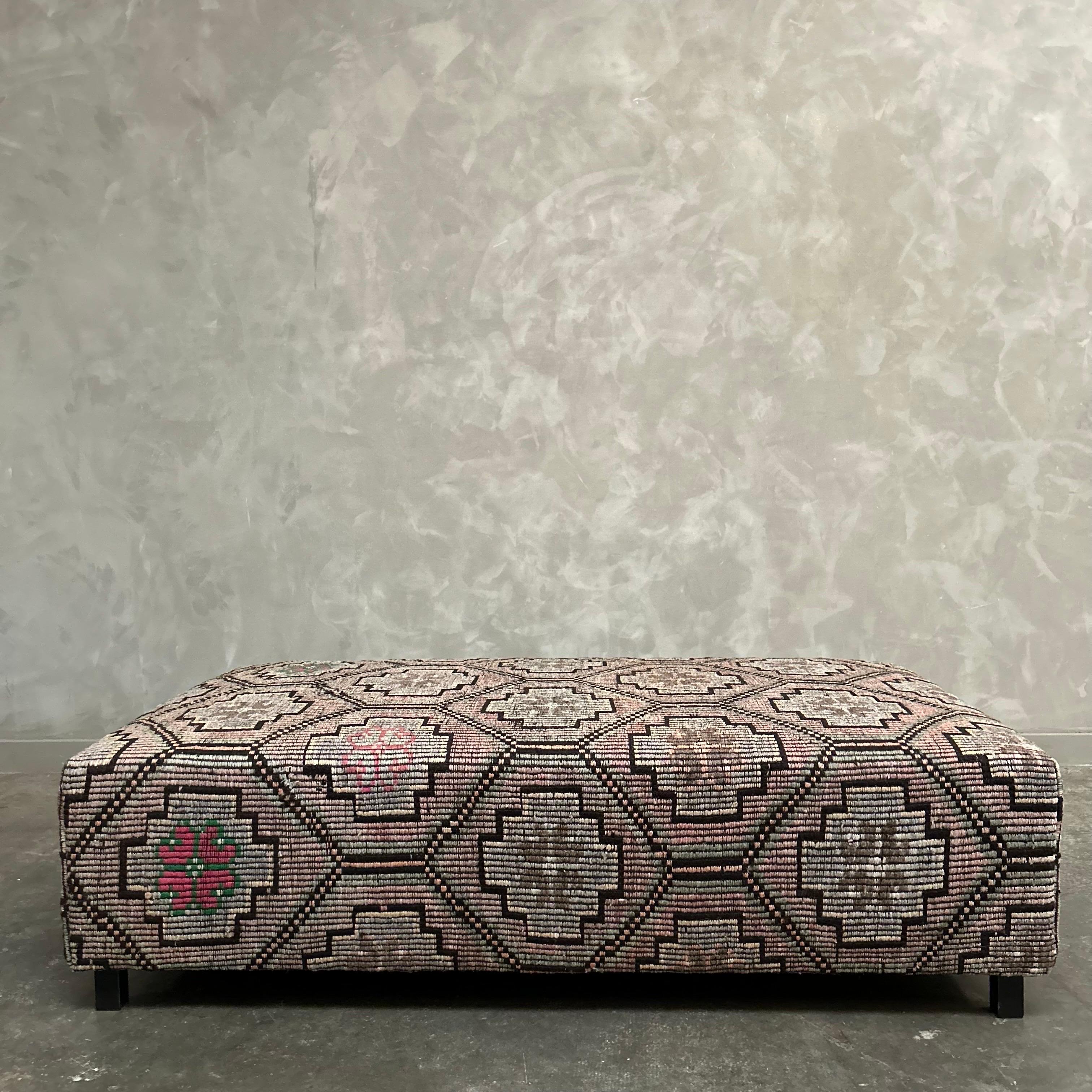 Contemporary Vintage Turkish Geometric Wool Rug Cocktail Ottoman or Coffee Table For Sale