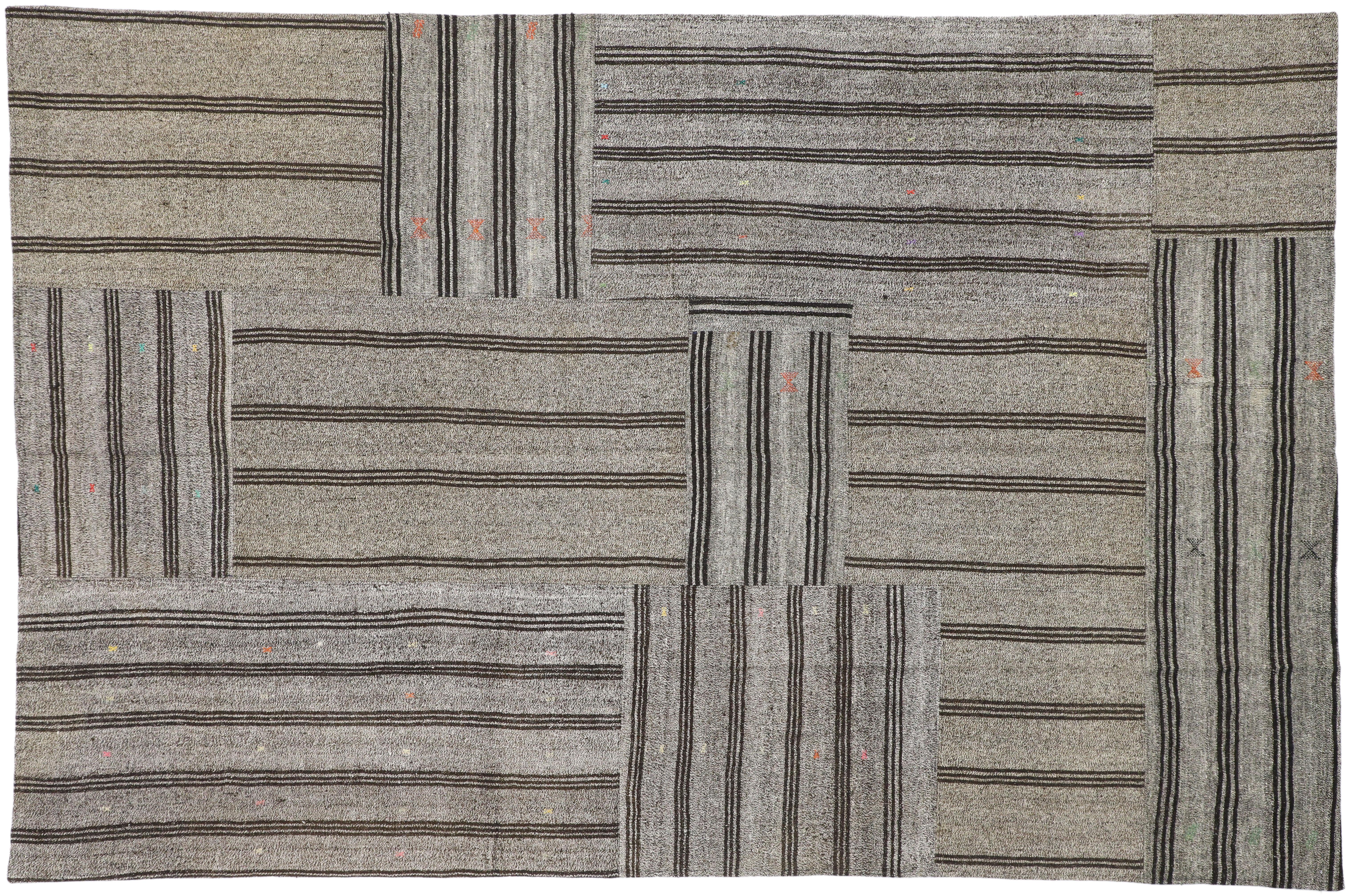 Vintage Turkish Gray Flatweave Kilim Rug with Black Stripes, Flat-weave Rug 4