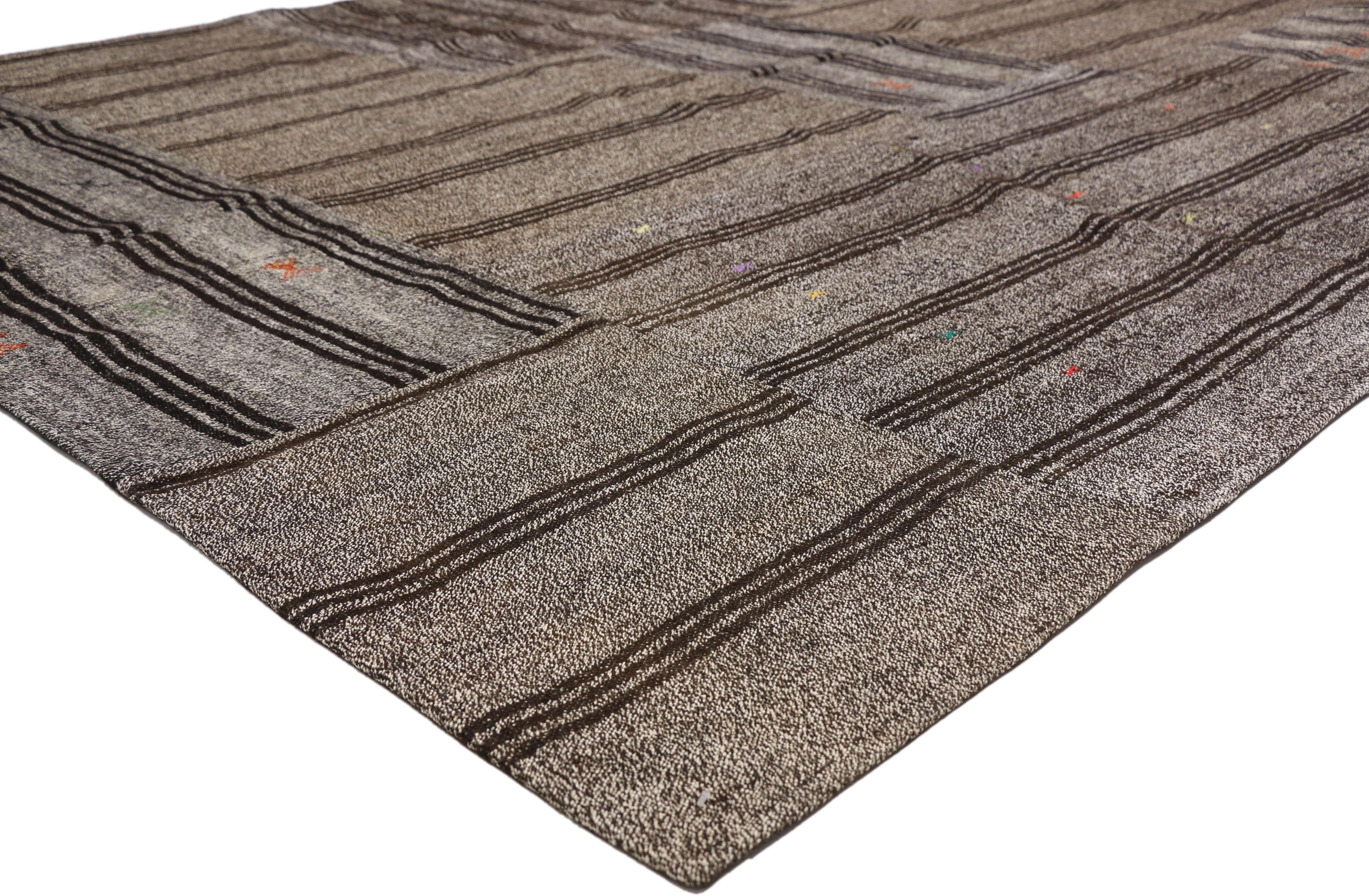 51839 Vintage Turkish Gray Flatweave Kilim Rug with Black Stripes, Flat-weave Rug. This vintage Turkish gray flatweave Kilim rug features black stripes and tribal motifs. A fine example of Minimalist style, simplicity with a twist of boho chic. With