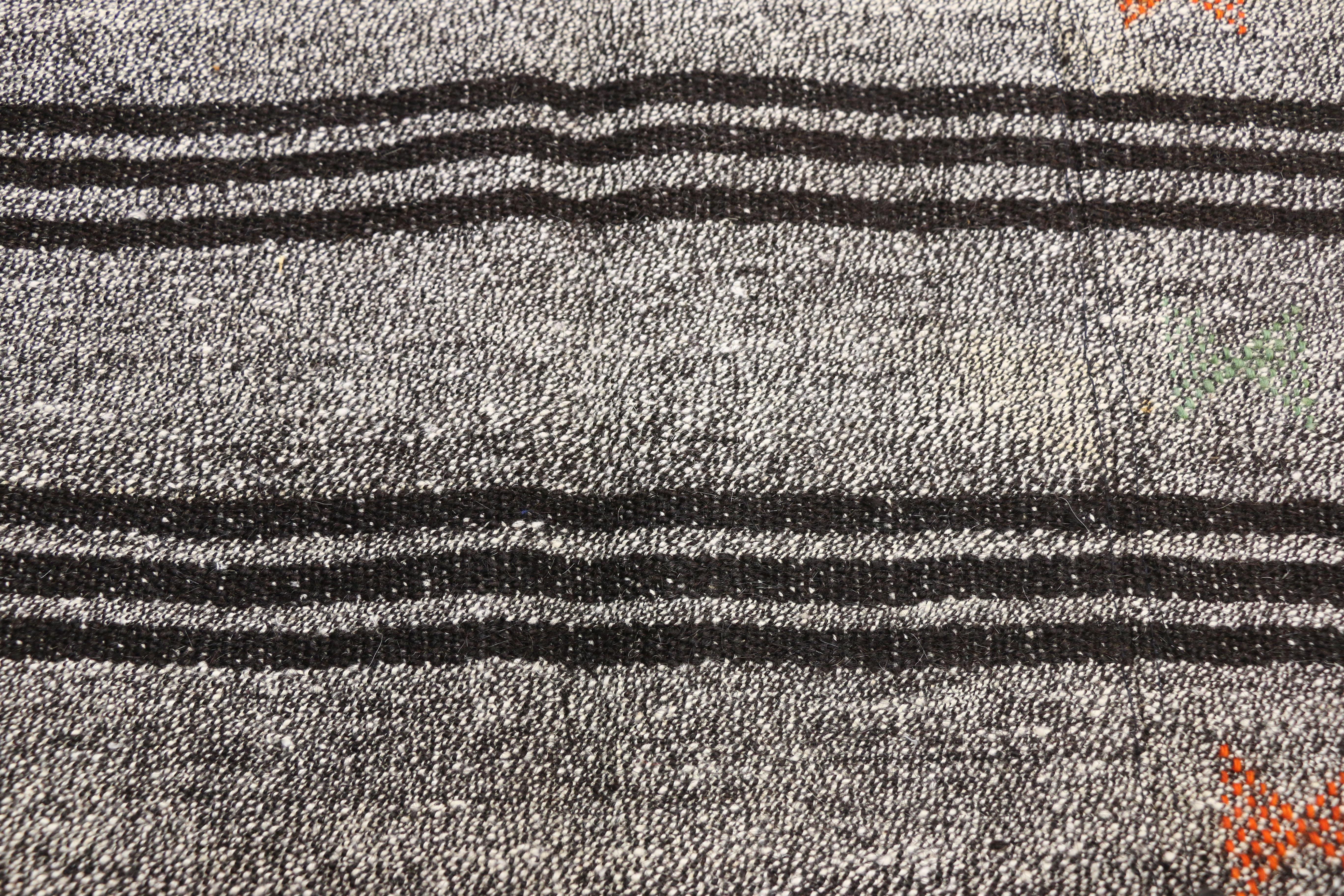 20th Century Vintage Turkish Gray Flatweave Kilim Rug with Black Stripes, Flat-weave Rug