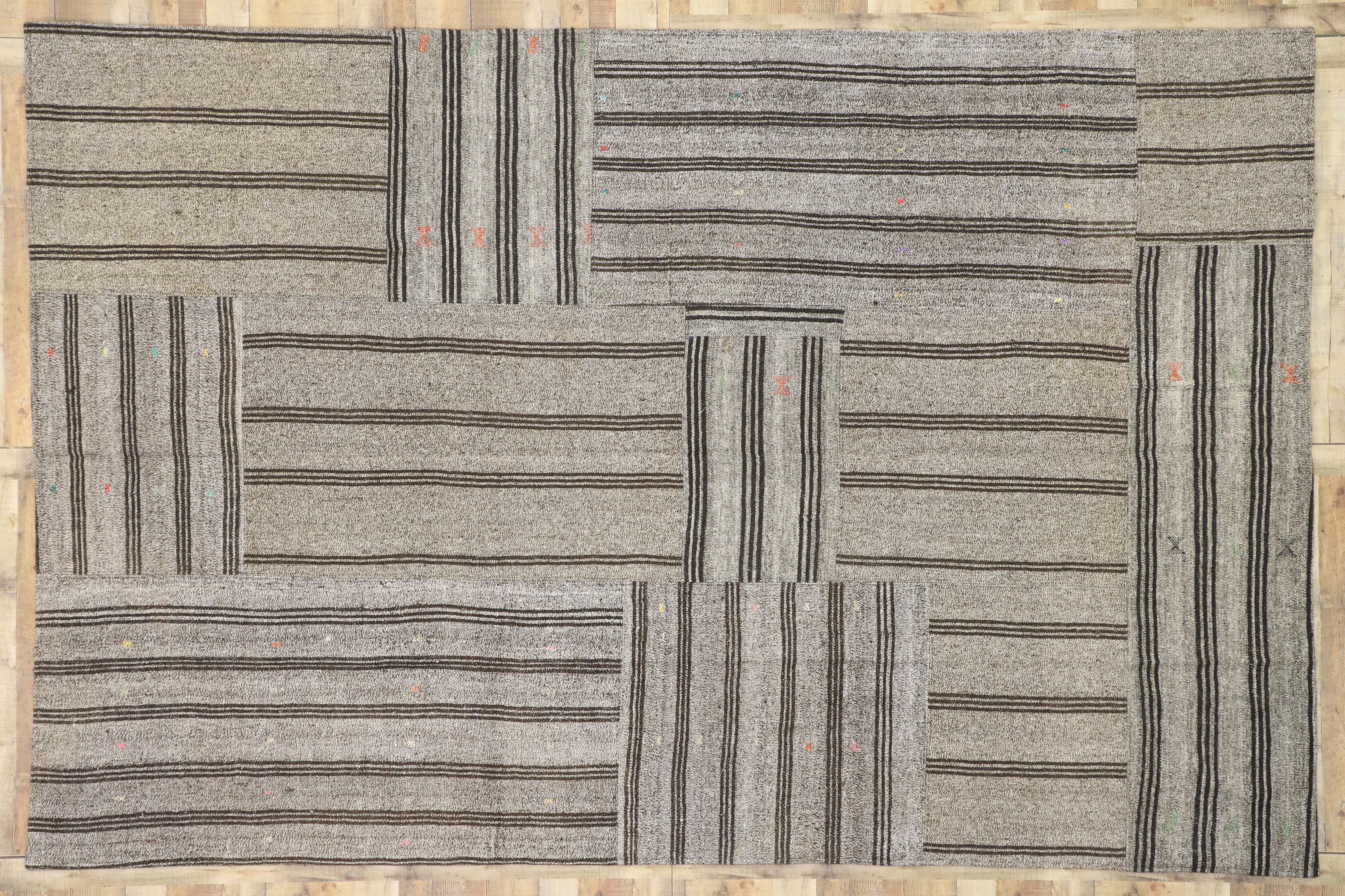 Vintage Turkish Gray Flatweave Kilim Rug with Black Stripes, Flat-weave Rug 3
