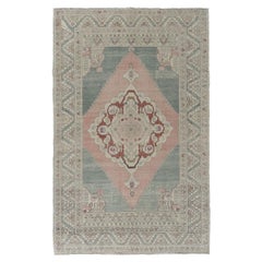 Vintage Turkish Green Rose Wool Hand Knotted Oushak Rug 5'2x8'2