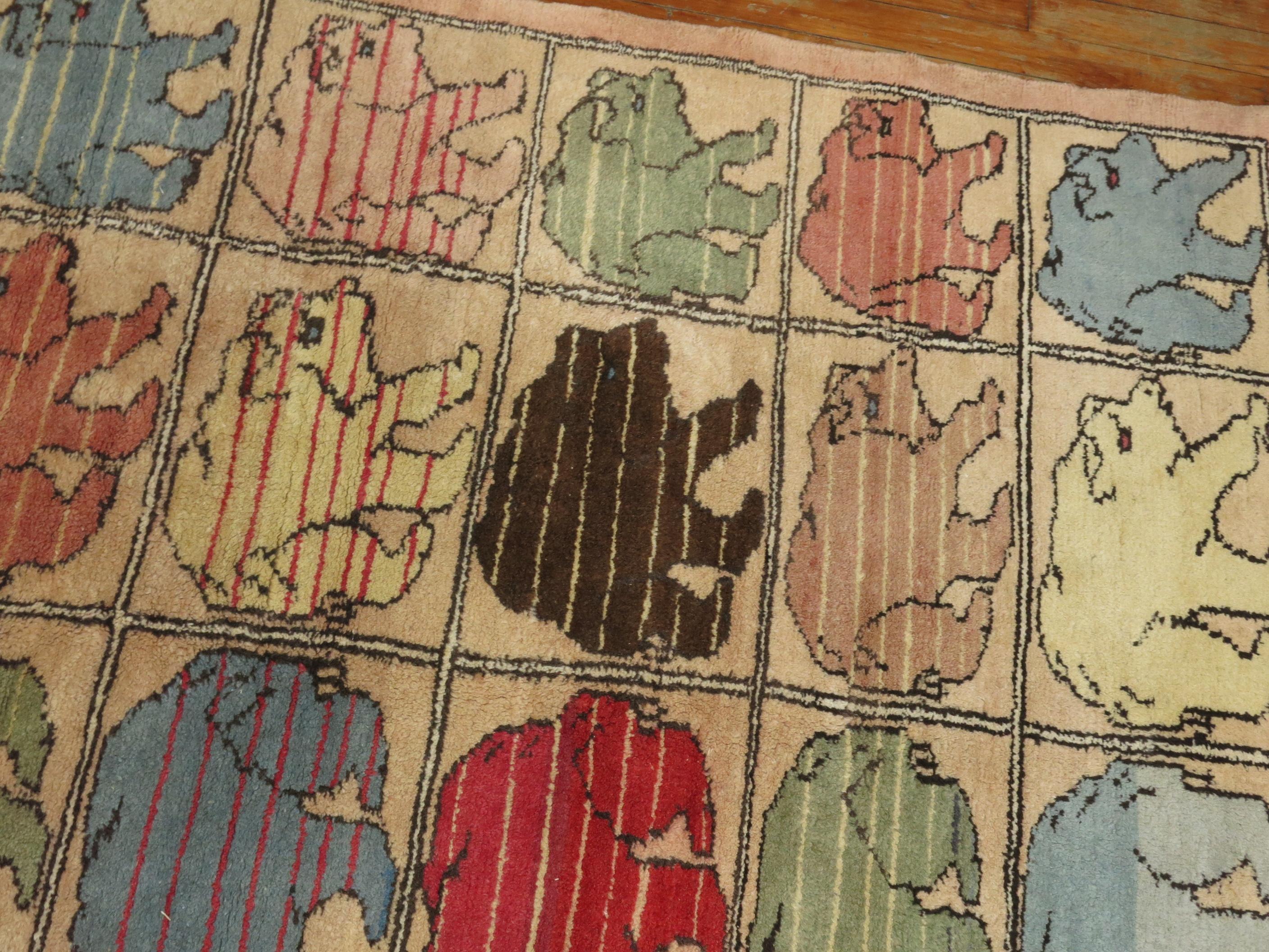 Hand-Woven Vintage Turkish Hand Knotted Bear Animal Pictorial Rug