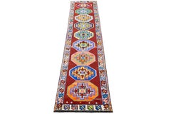 Vintage Turkish Hand-knotted Wool Runner with Colorful Octagonal Medallions