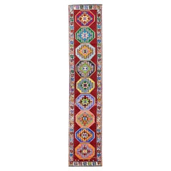 Vintage Turkish Hand-knotted Wool Runner with Colorful Octagonal Medallions