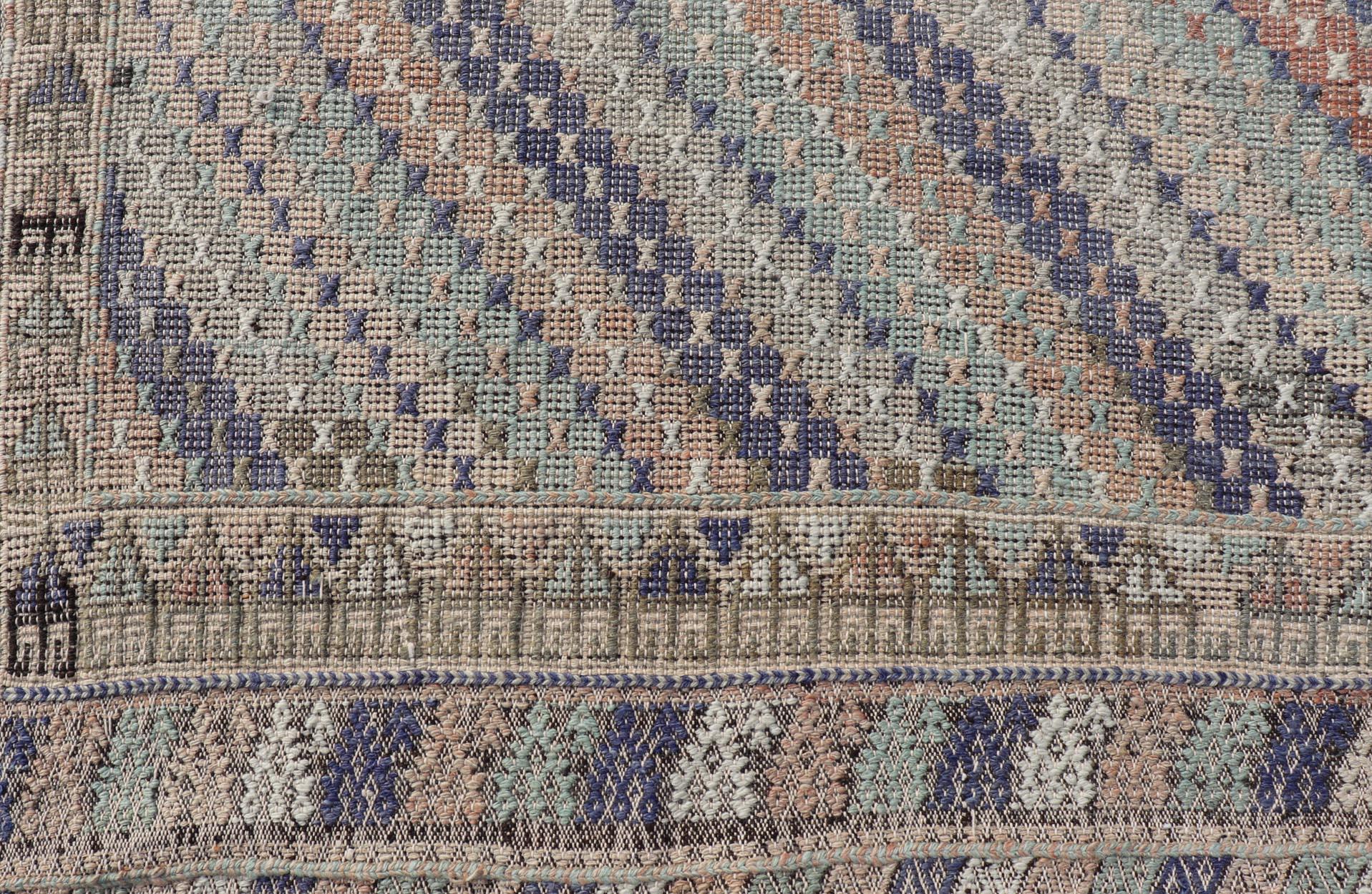Hand-Woven Vintage Turkish Hand Woven Embroidered Kilim Rug with Diamond Design For Sale