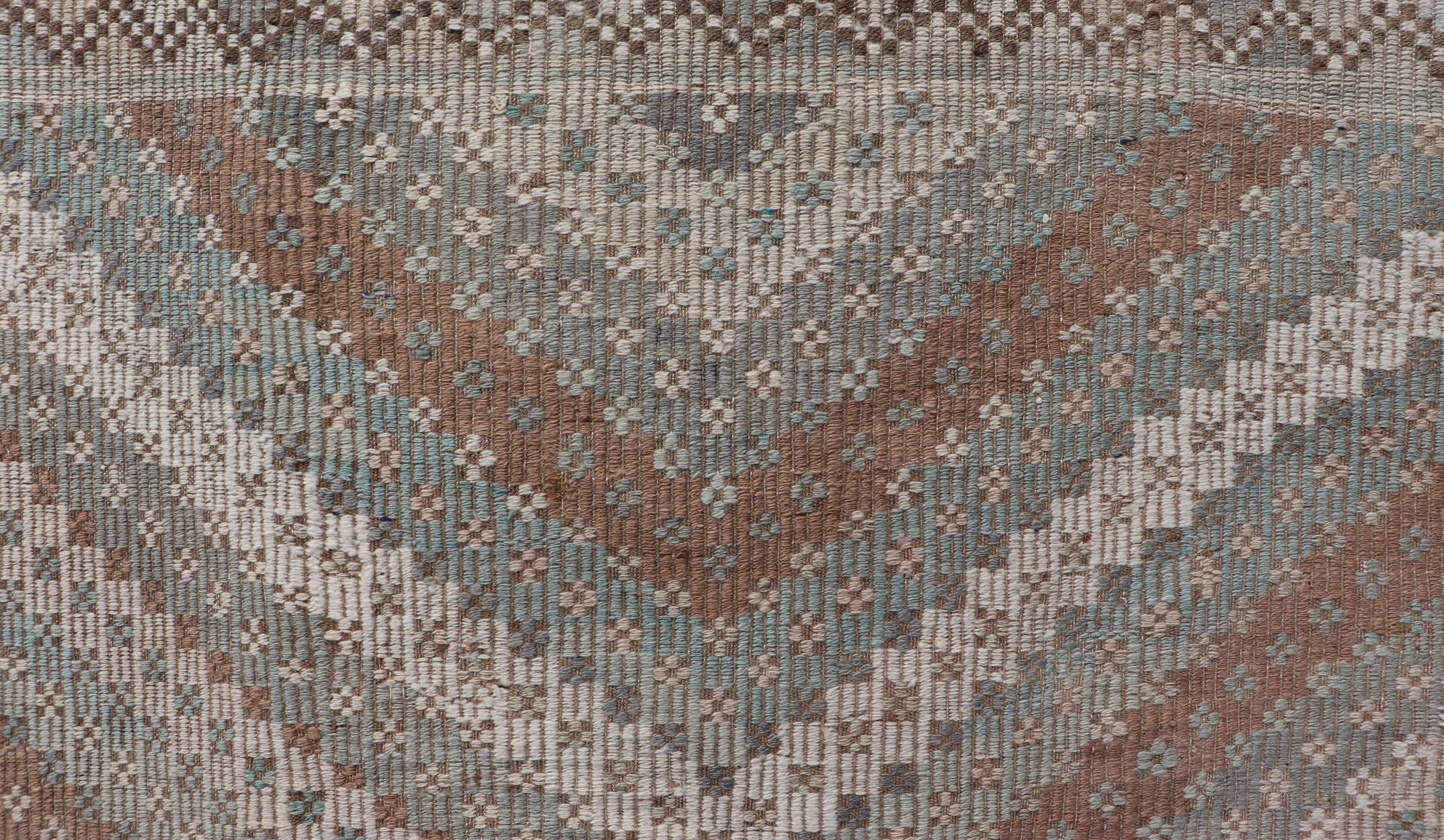 Wool Vintage Turkish Hand Woven Embroidered Kilim Rug with Diamond Design For Sale
