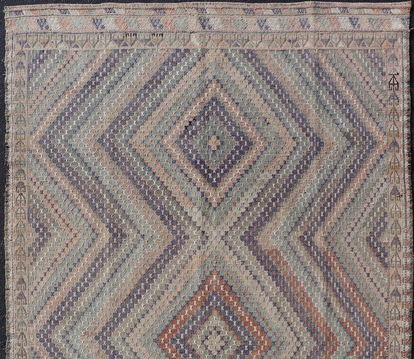 Wool Vintage Turkish Hand Woven Embroidered Kilim Rug with Diamond Design For Sale