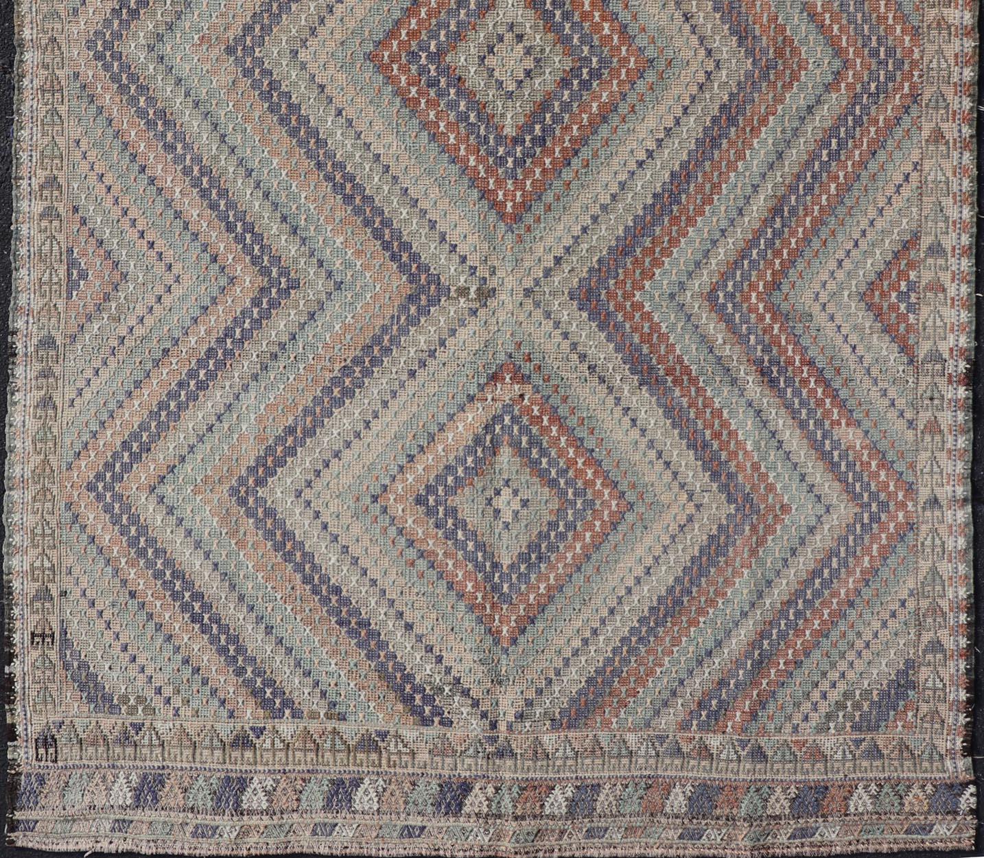 Vintage Turkish Hand Woven Embroidered Kilim Rug with Diamond Design For Sale 2