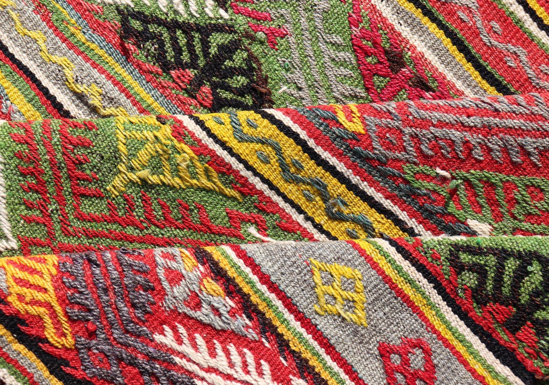 Vintage Turkish Hand Woven Embroidery with Bright & Colorful Tribal Motif Design For Sale 5