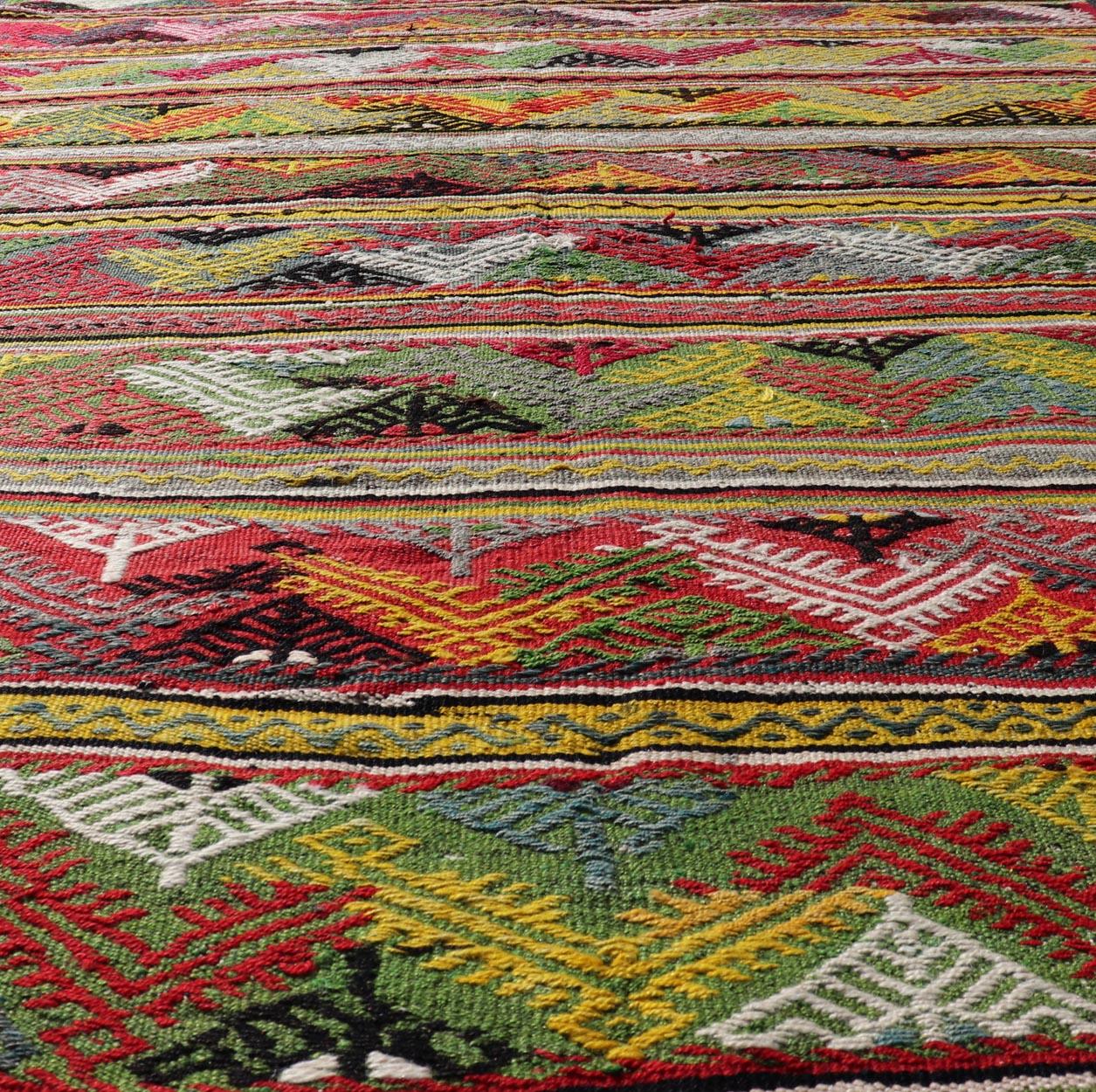 Kilim Vintage Turkish Hand Woven Embroidery with Bright & Colorful Tribal Motif Design For Sale