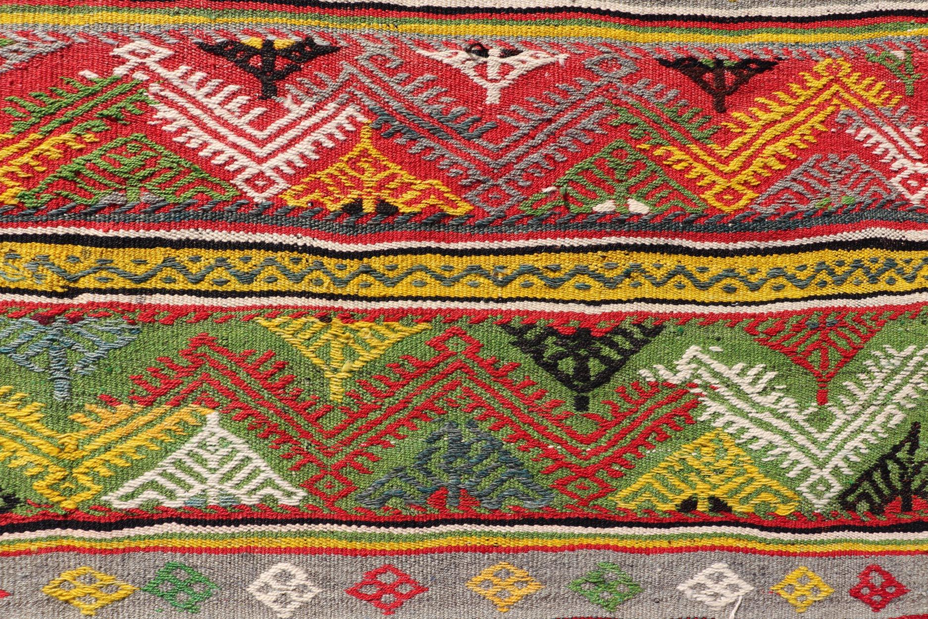 Wool Vintage Turkish Hand Woven Embroidery with Bright & Colorful Tribal Motif Design For Sale