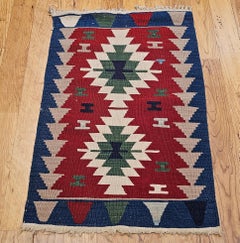 Vintage Turkish Kilim Area Rug in Geometric Medallion Pattern, Red, Green, Ivory
