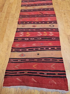 Vintage Turkish Hand Woven Kilim Runner, Wool Stripe, Mid-20th Century
