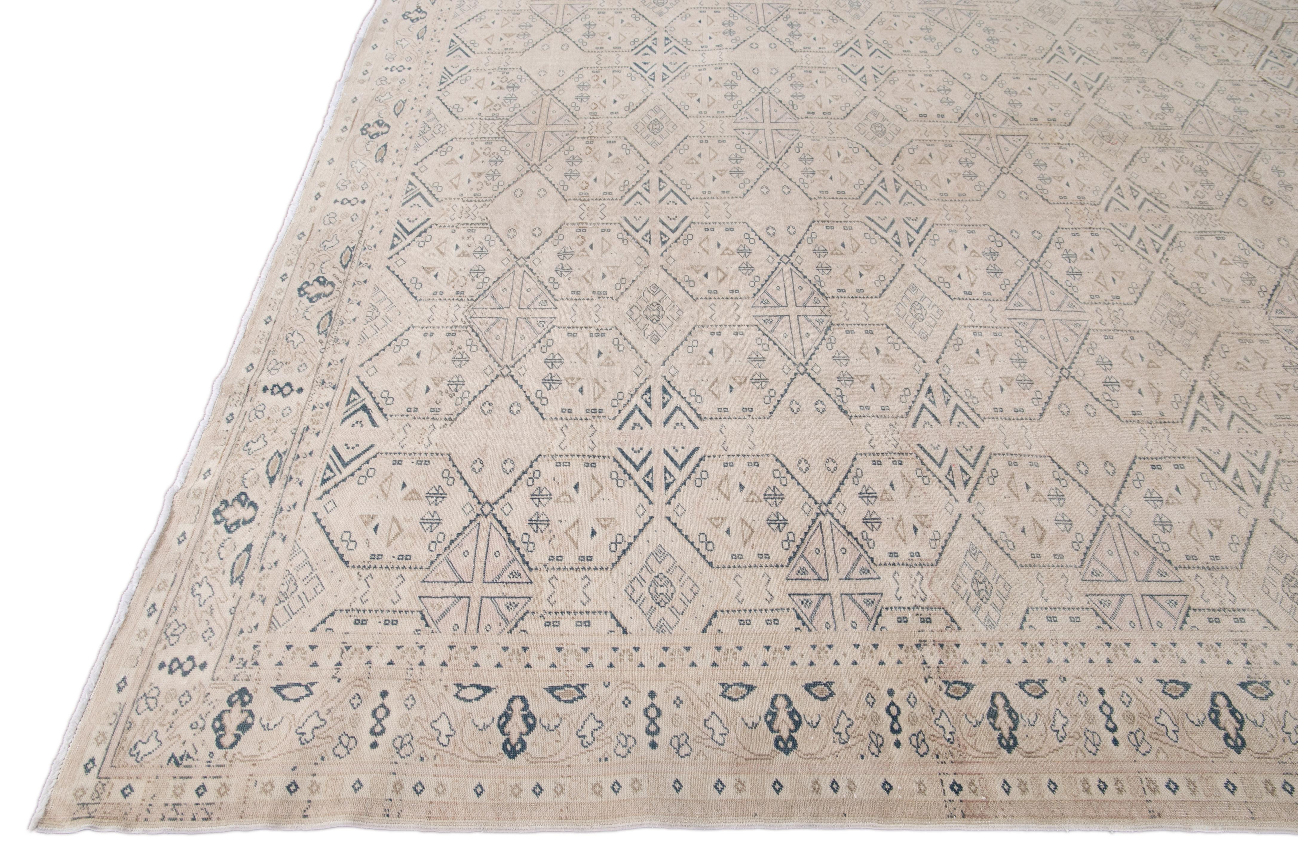 Asian Vintage Turkish Handmade Beige Geometric Wool Rug For Sale