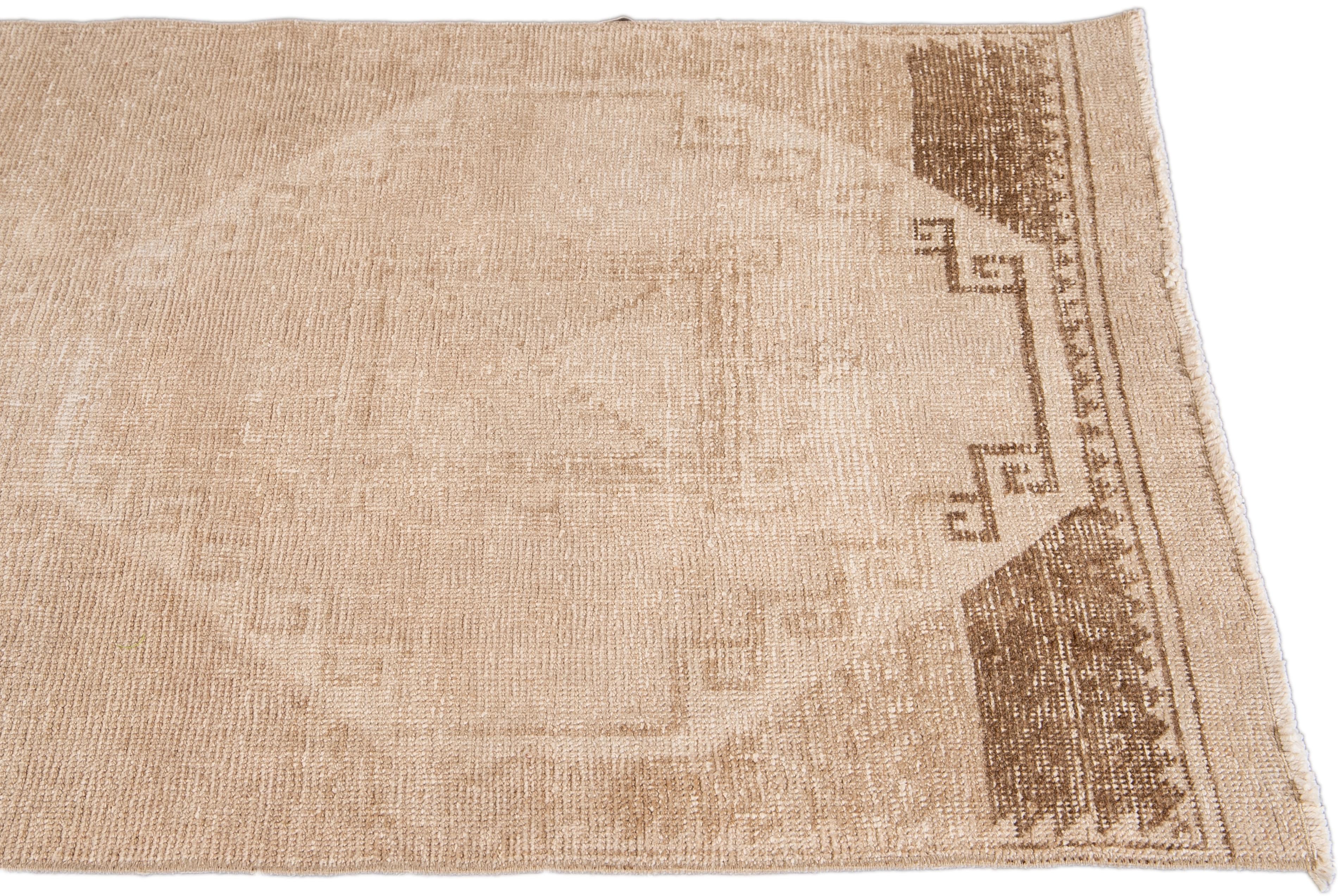 Hand-Knotted Vintage Turkish Handmade Beige Tribal Wool Runner For Sale