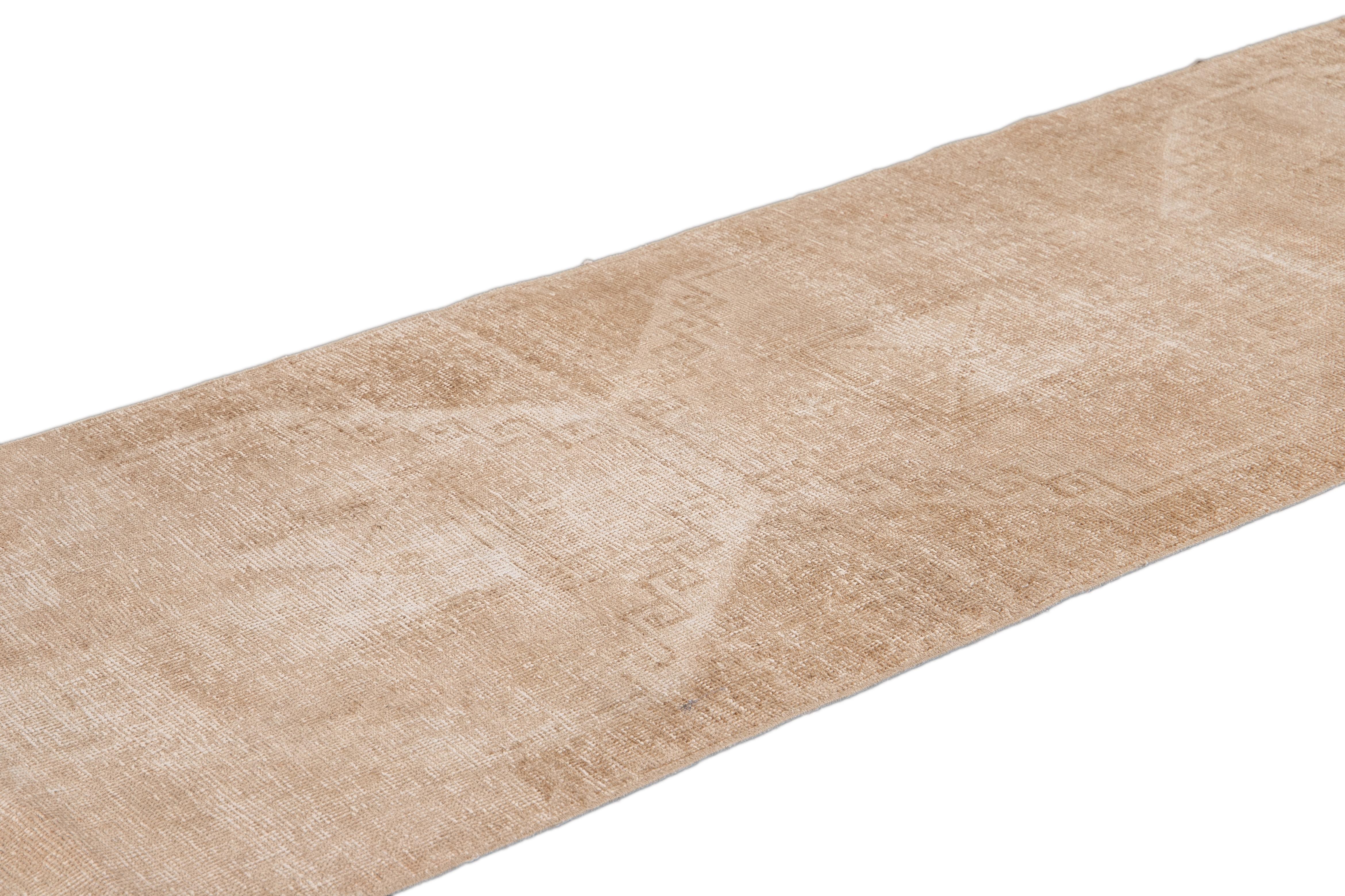 Vintage Turkish Handmade Beige Tribal Wool Runner In Distressed Condition For Sale In Norwalk, CT