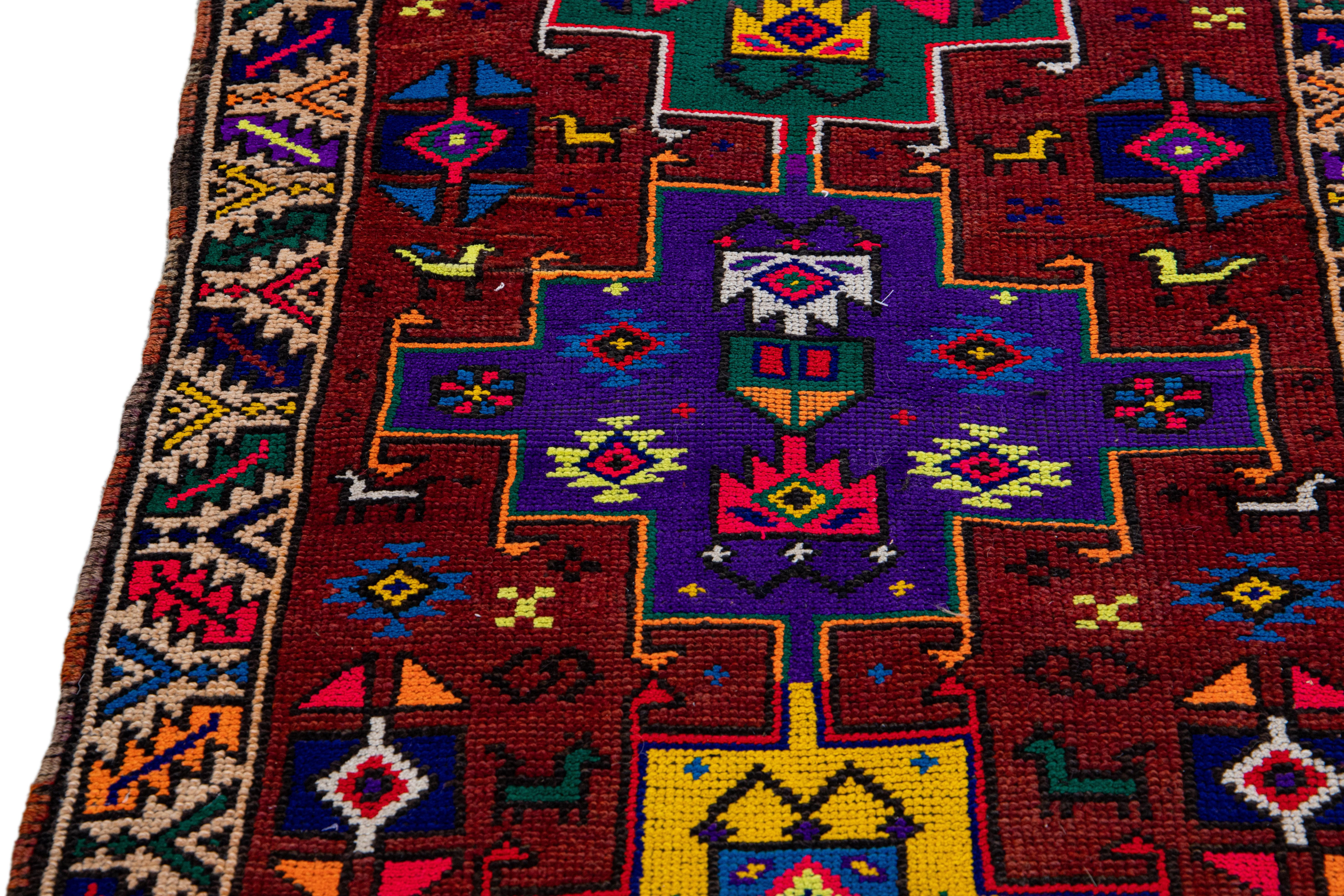 Hand-Knotted Vintage Turkish Handmade Multicolor Tribal Pattern Burgundy Wool Runner For Sale