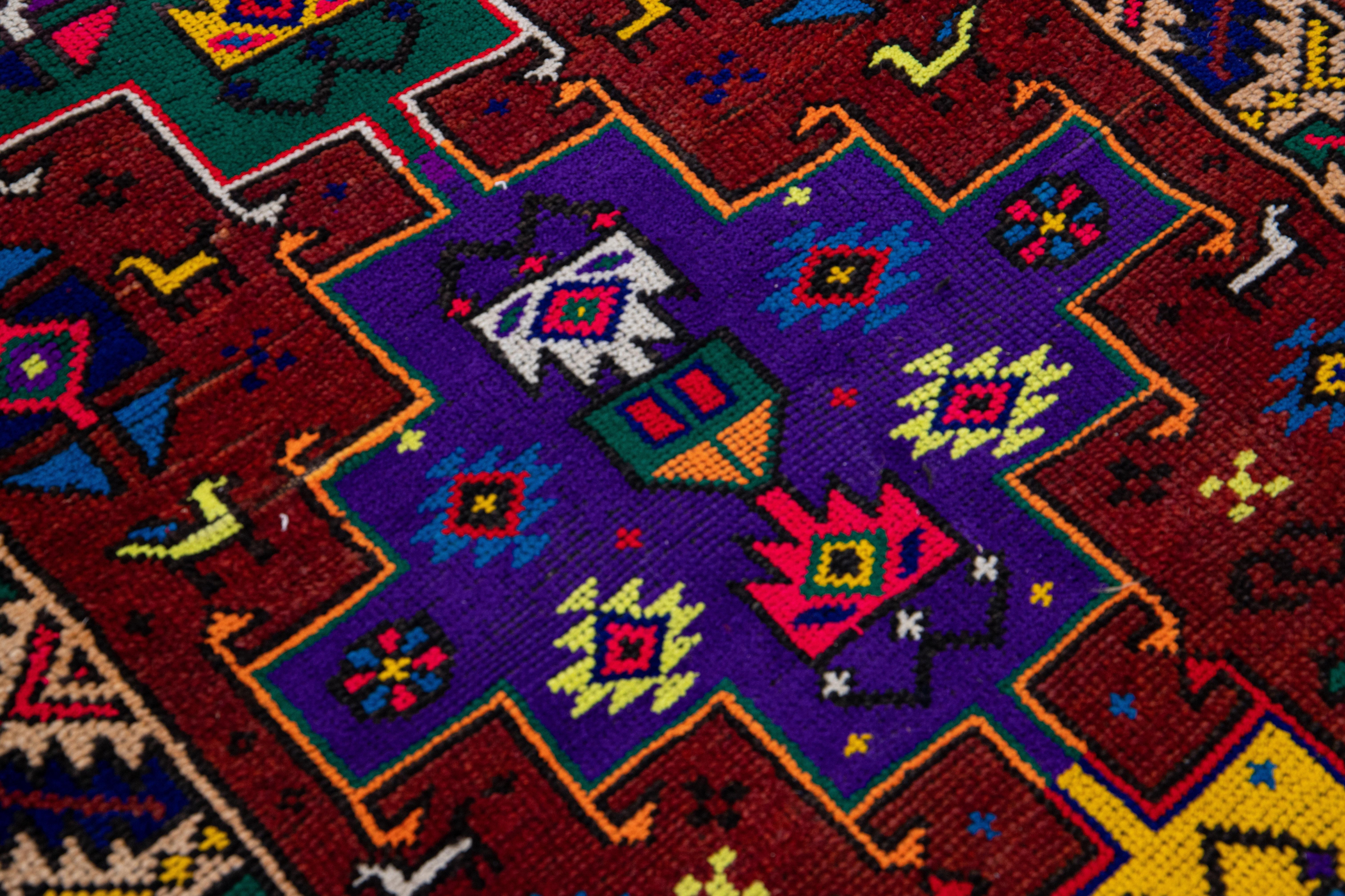 Vintage Turkish Handmade Multicolor Tribal Pattern Burgundy Wool Runner For Sale 1