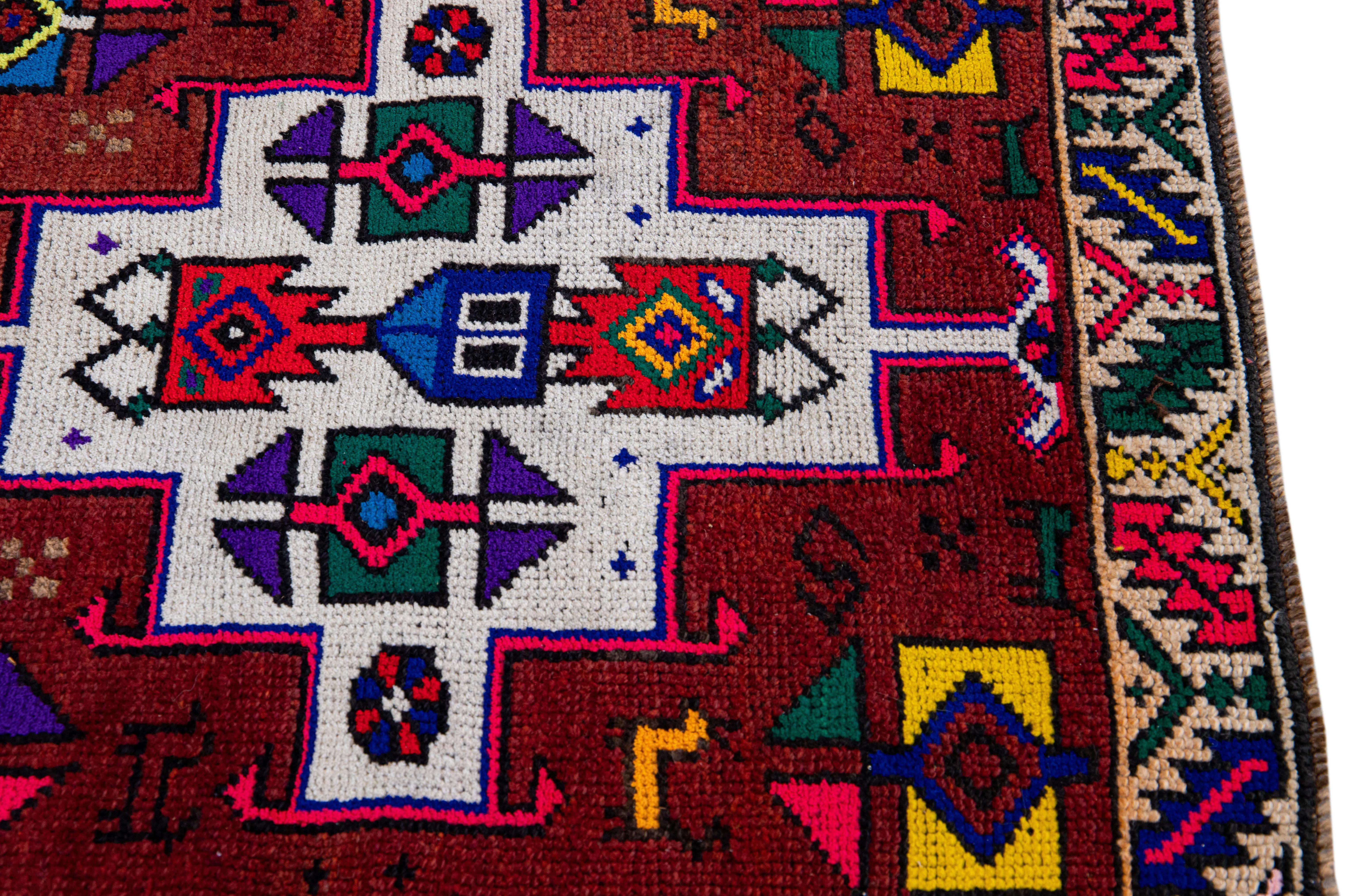 Vintage Turkish Handmade Multicolor Tribal Pattern Burgundy Wool Runner For Sale 3