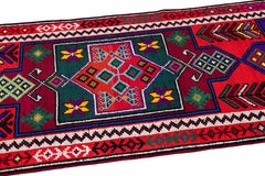 Vintage Turkish Handmade Multicolor Tribal Pattern Red Wool Runner