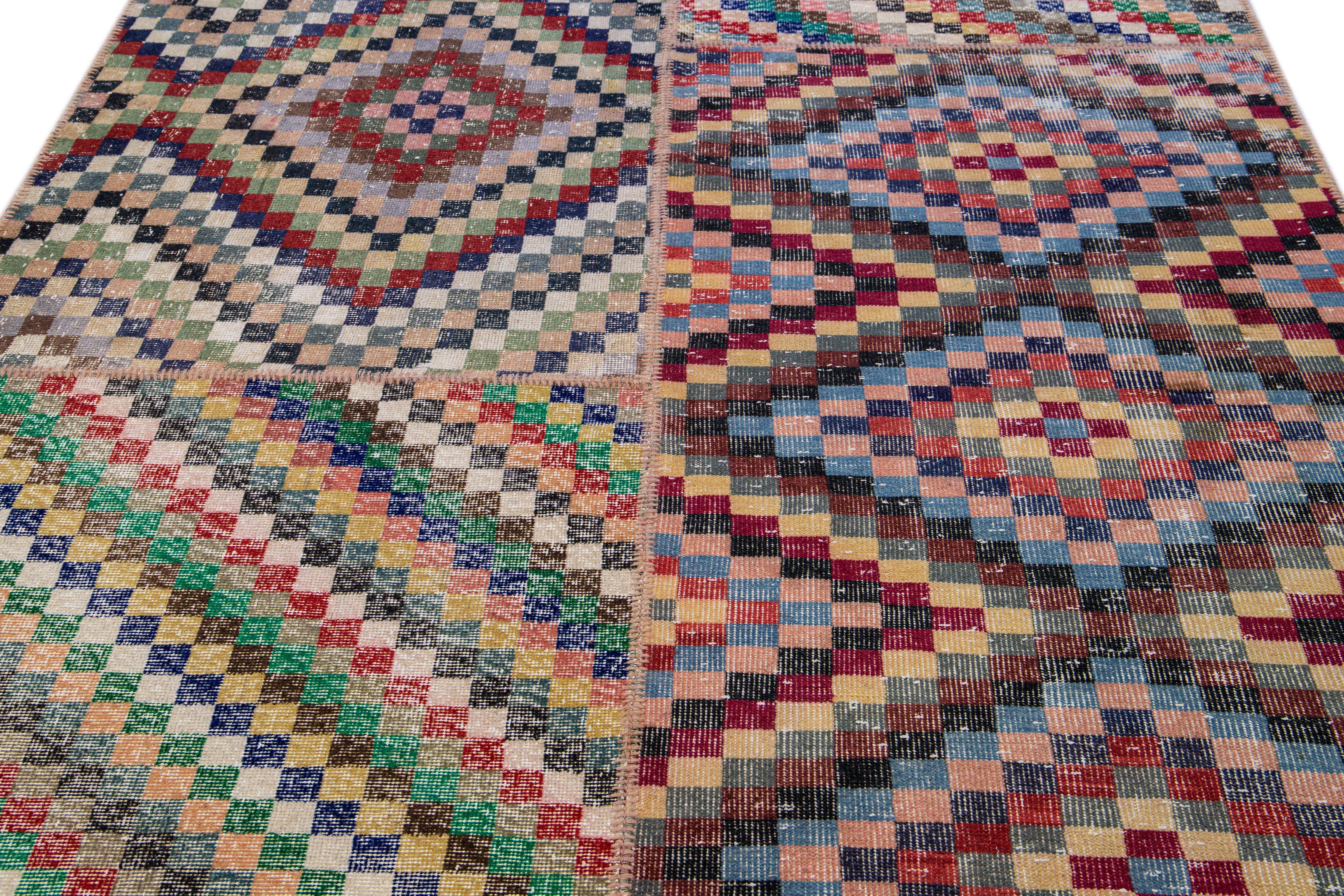 Mid-Century Modern Vintage Turkish Handmade Patchwork Design Multicolor Wool Rug For Sale