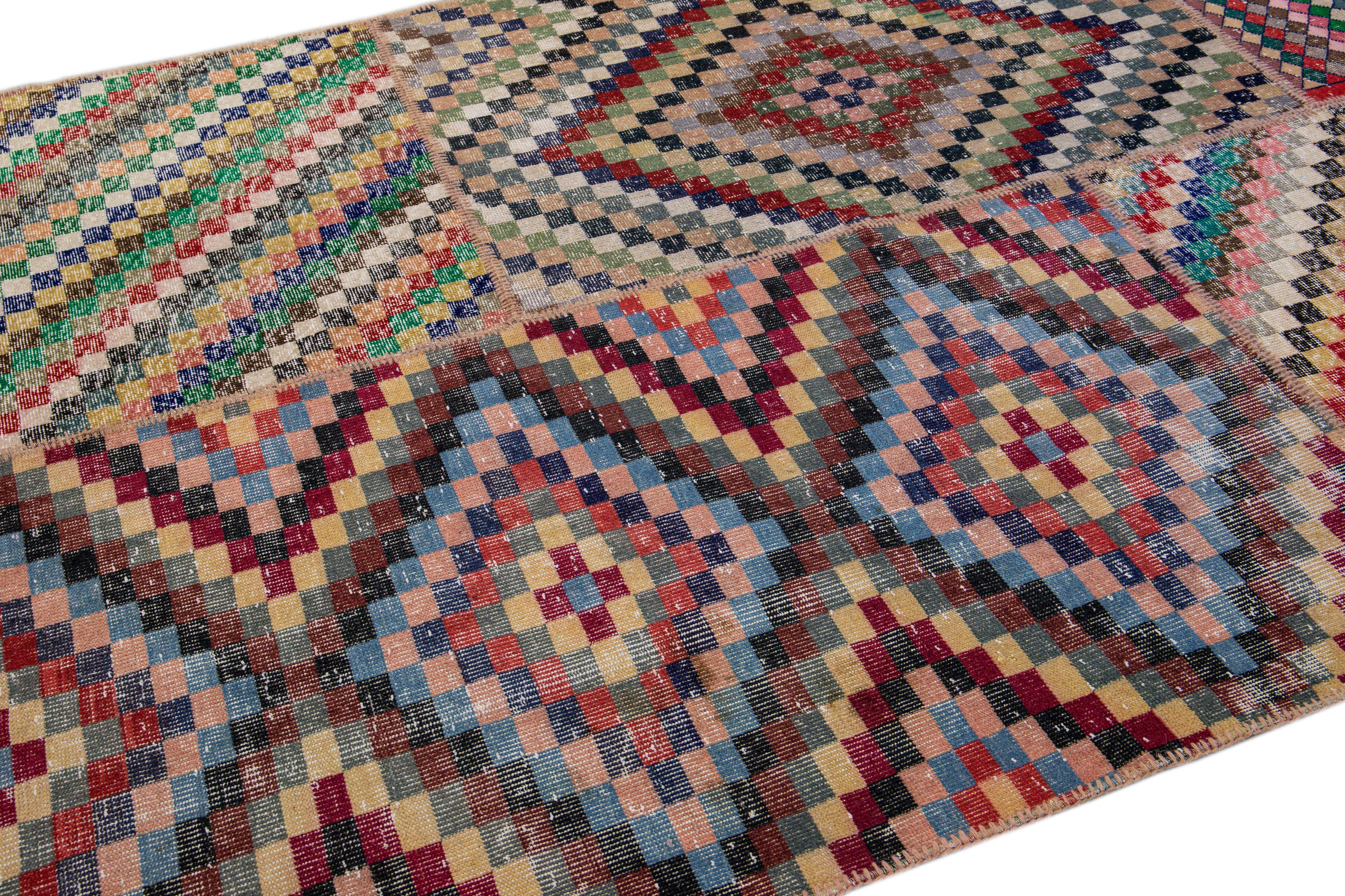 Vintage Turkish Handmade Patchwork Design Multicolor Wool Rug In Distressed Condition For Sale In Norwalk, CT