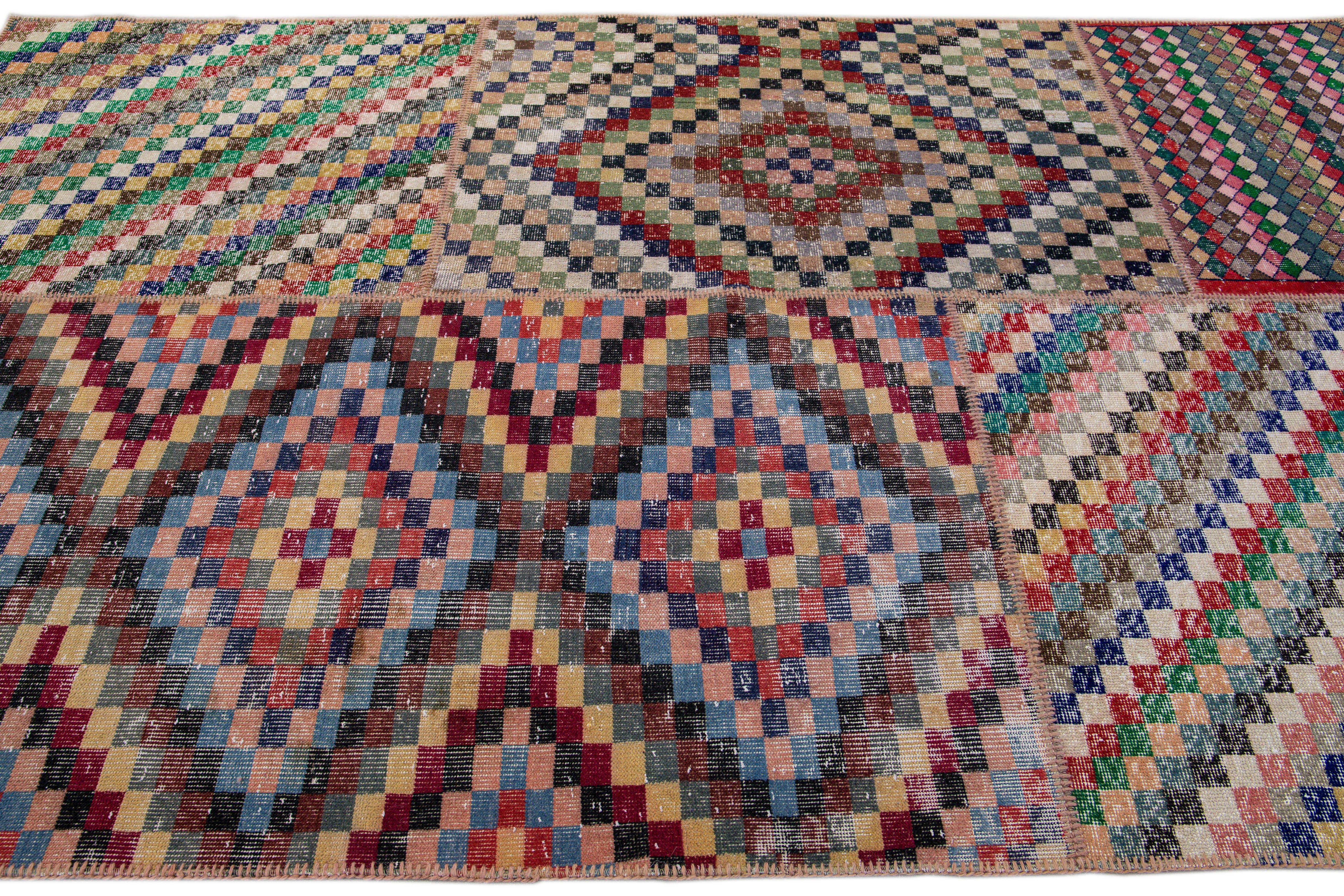 20th Century Vintage Turkish Handmade Patchwork Design Multicolor Wool Rug For Sale