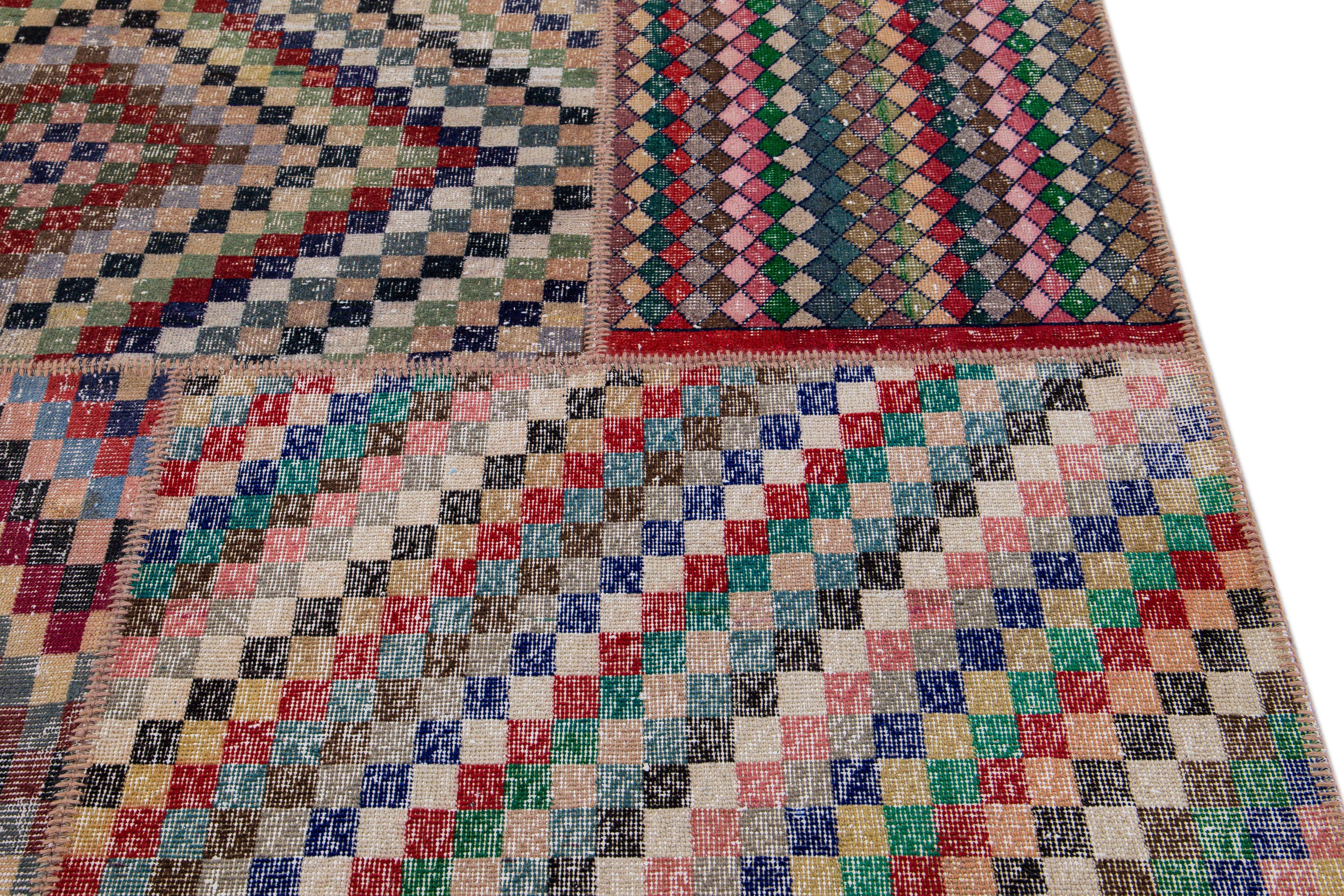 Vintage Turkish Handmade Patchwork Design Multicolor Wool Rug For Sale 1
