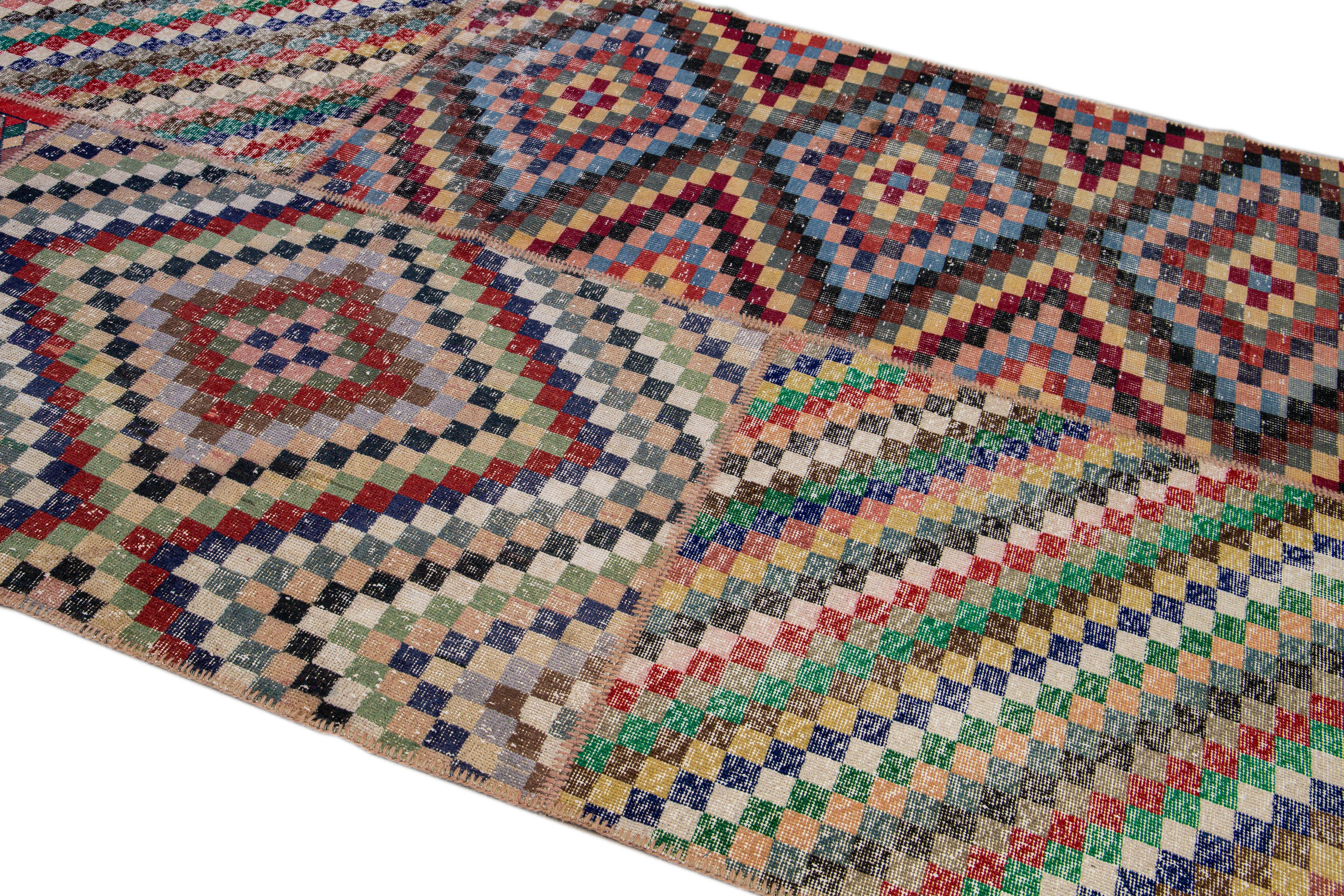 Vintage Turkish Handmade Patchwork Design Multicolor Wool Rug For Sale 2