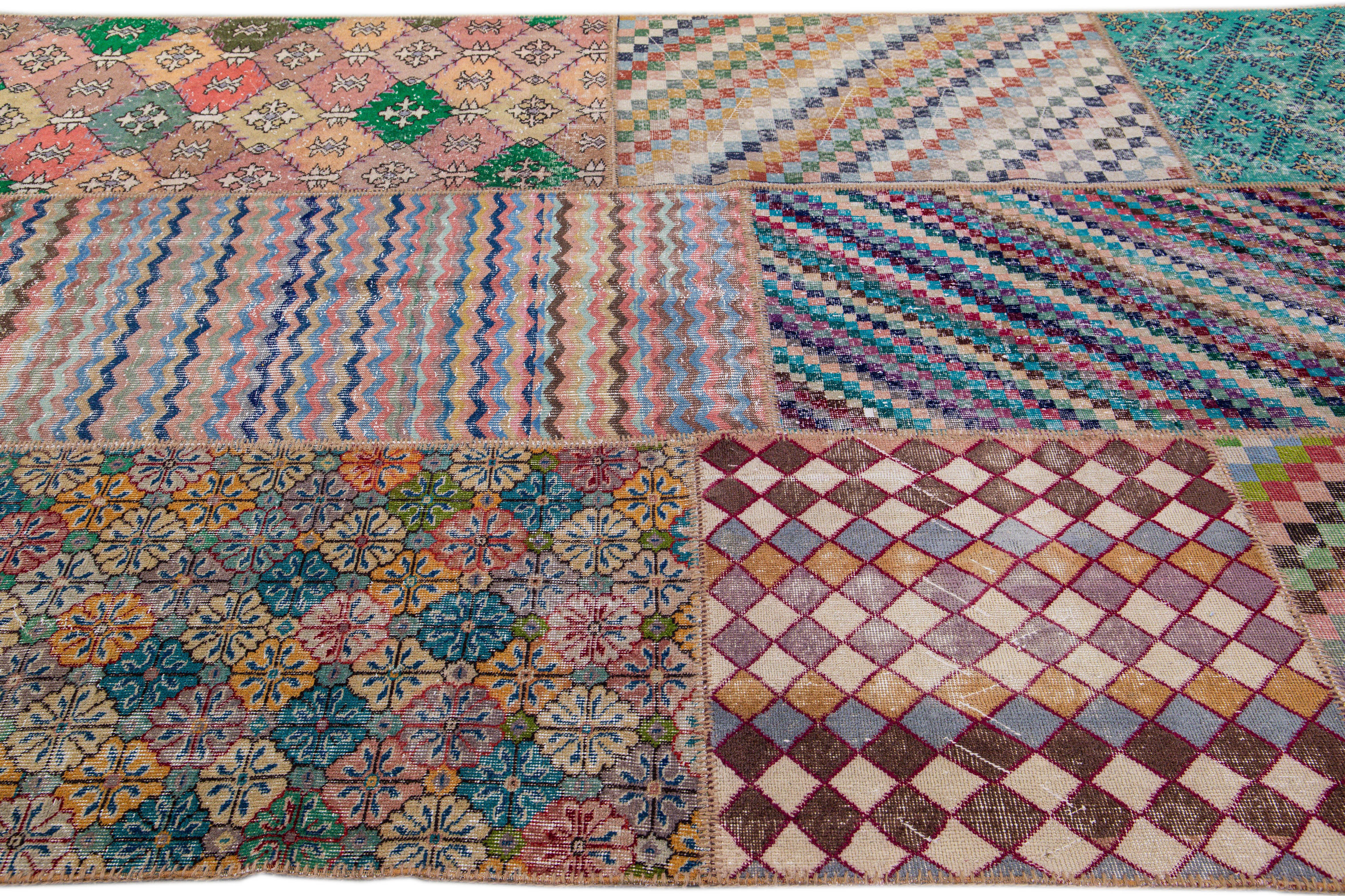 Vintage Turkish Handmade Patchwork Design Wool Rug In Distressed Condition For Sale In Norwalk, CT