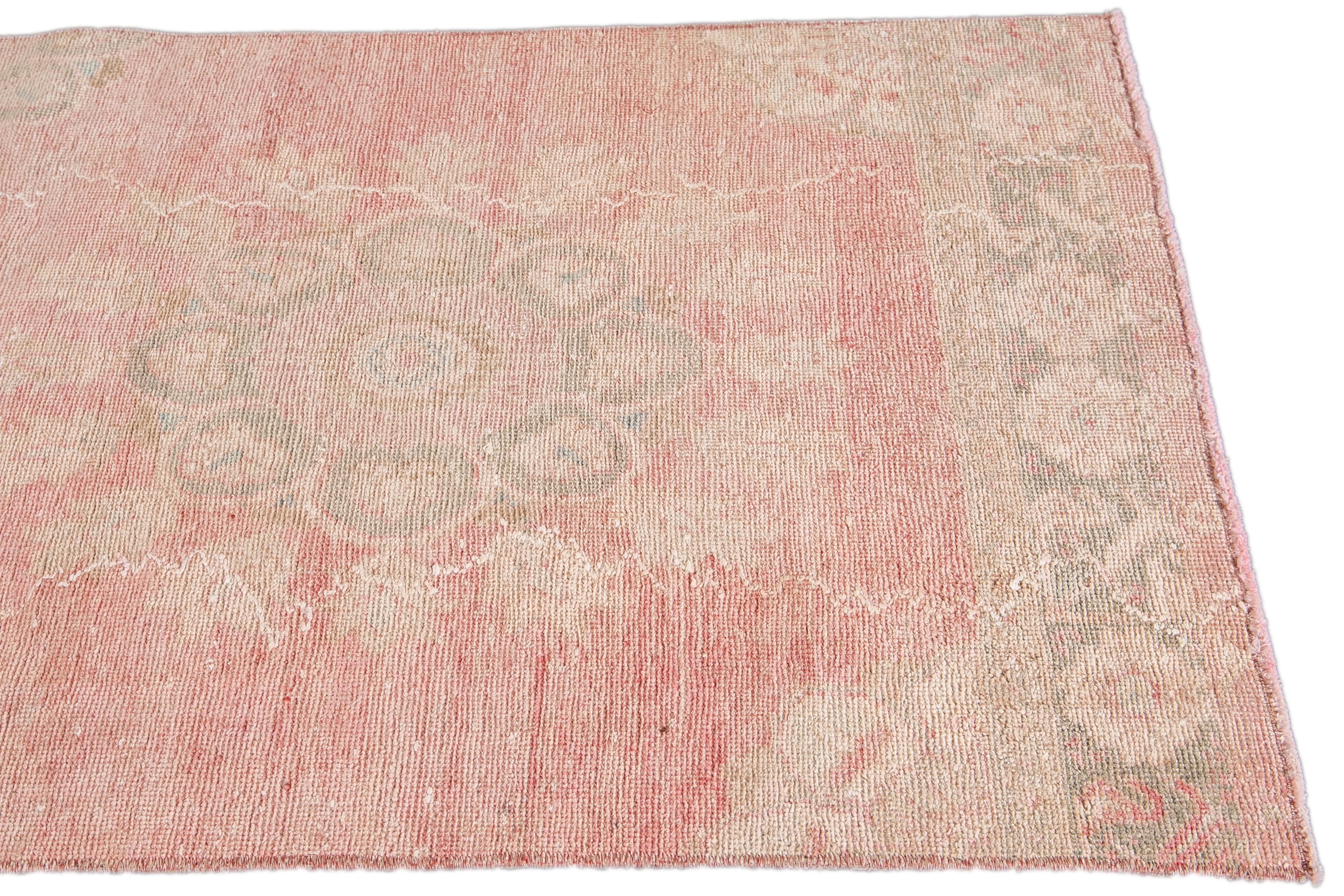 Hand-Knotted Vintage Turkish Handmade Pink Medallion Floral Wool Runner For Sale