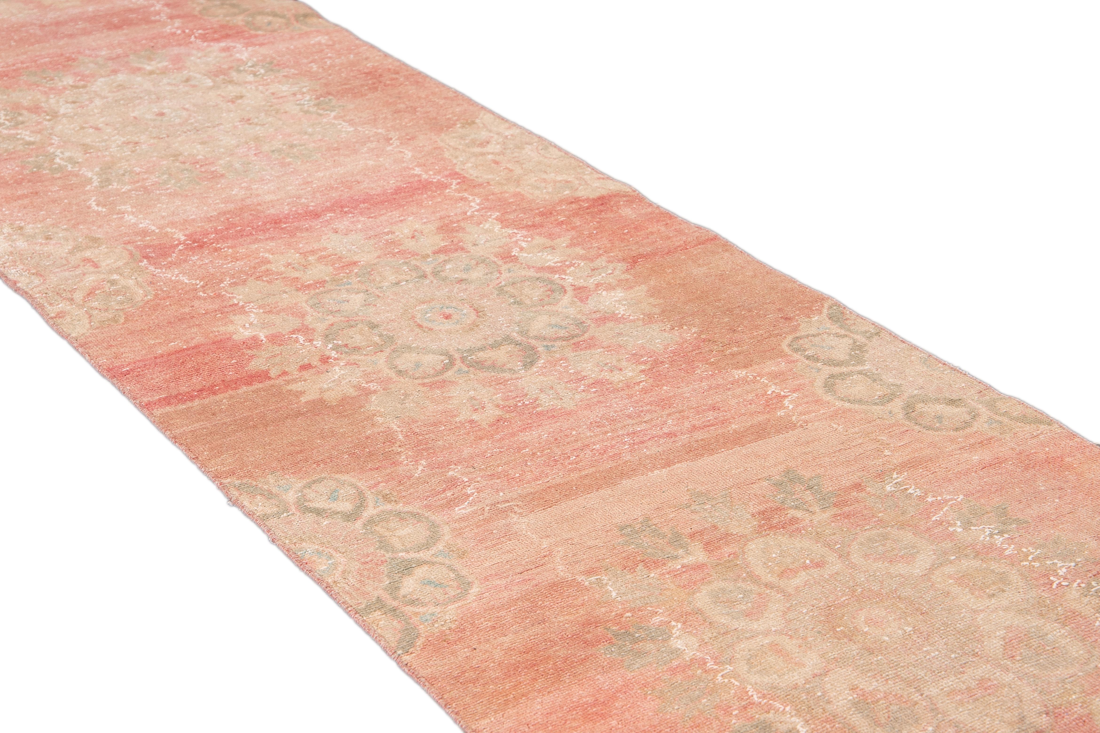 Vintage Turkish Handmade Pink Medallion Floral Wool Runner For Sale 1