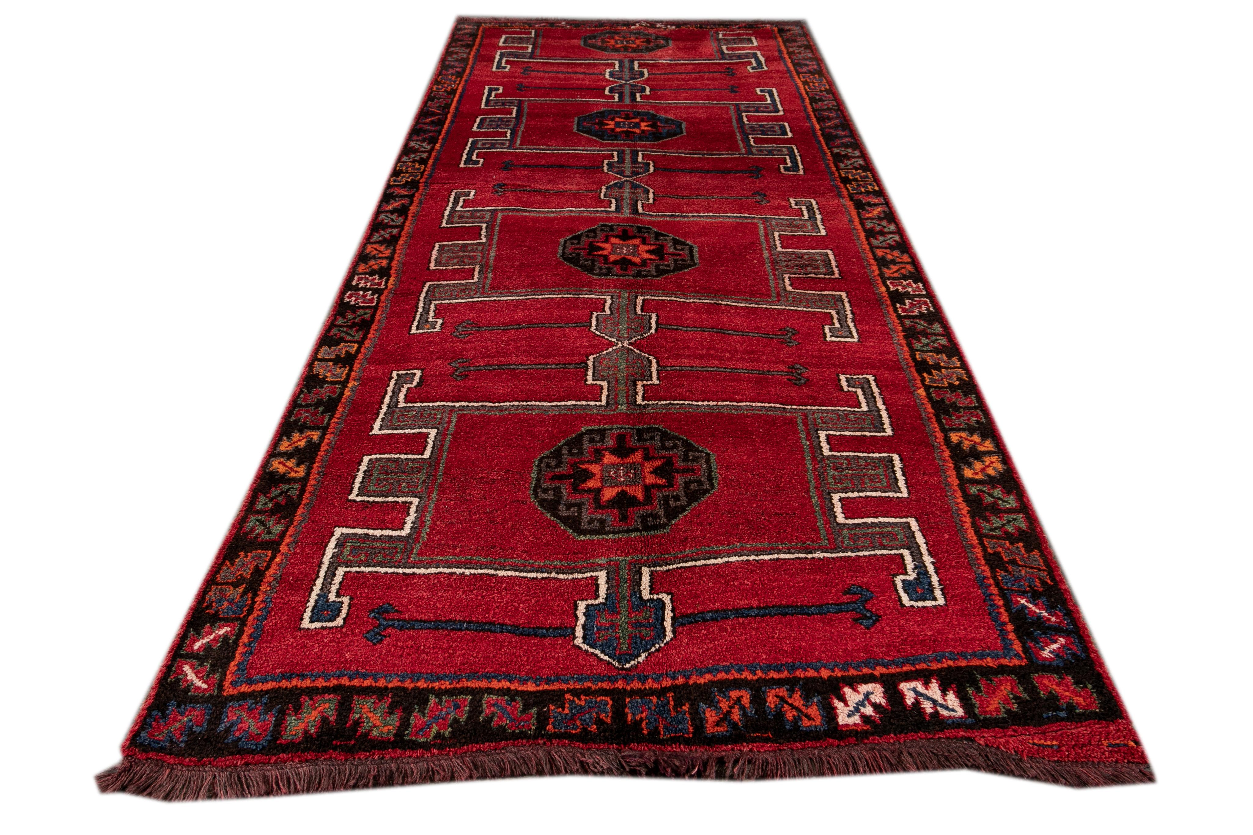 Mid-Century Modern Vintage Turkish Handmade Red Tribal Wool Runner For Sale