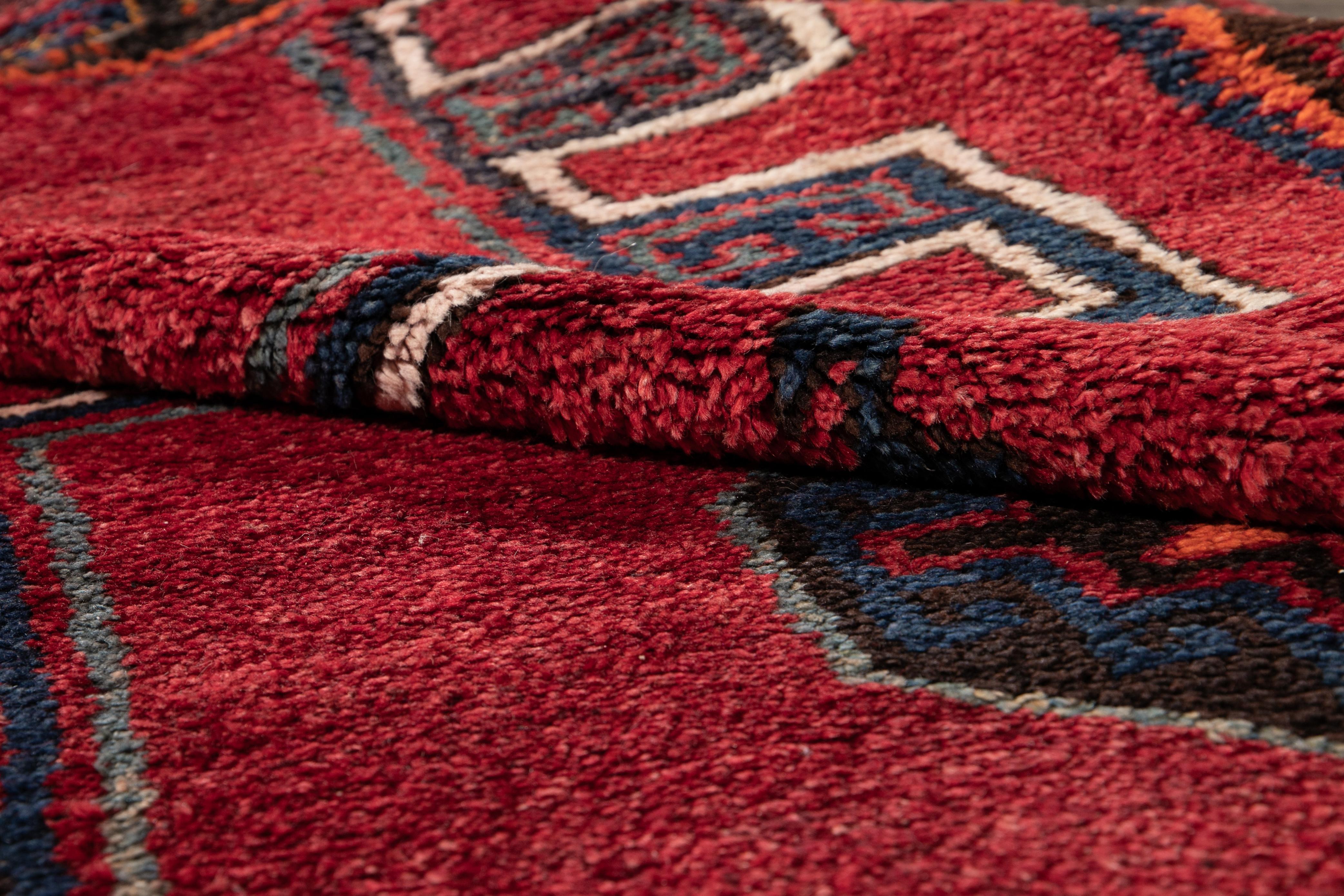 Hand-Knotted Vintage Turkish Handmade Red Tribal Wool Runner For Sale