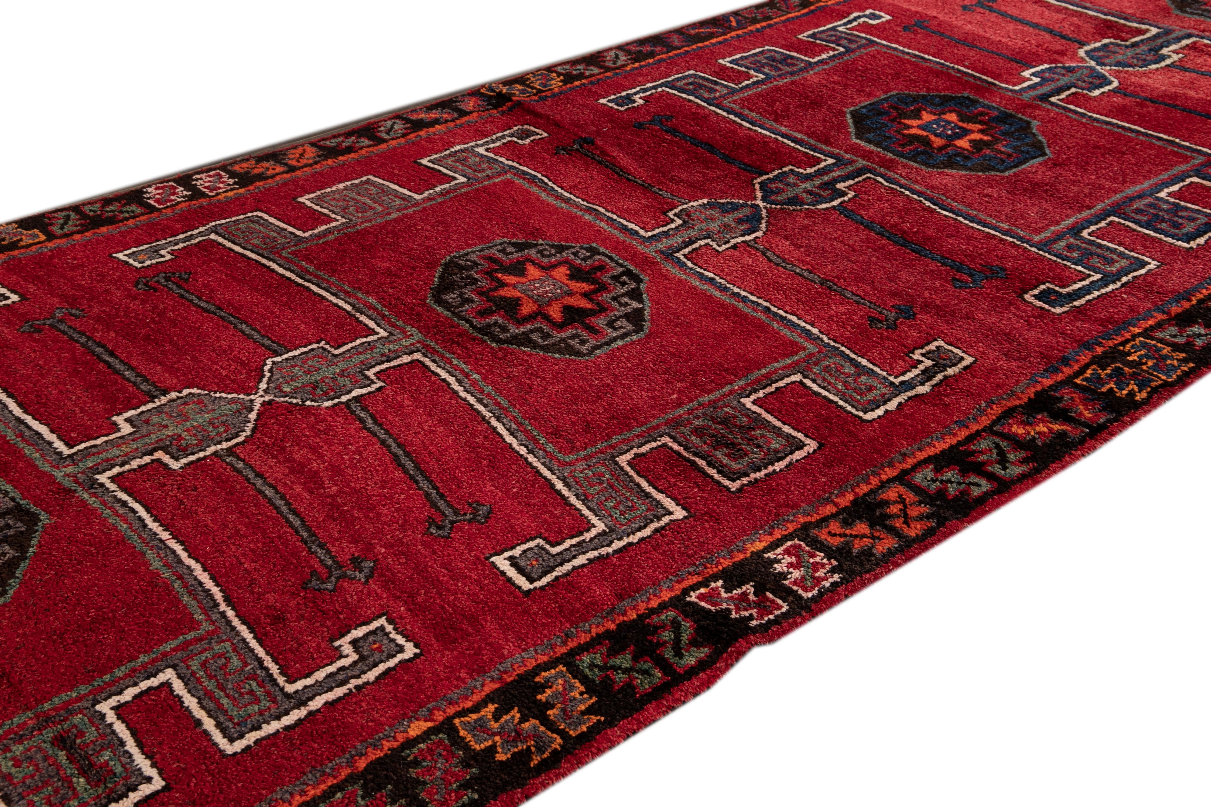 Vintage Turkish Handmade Red Tribal Wool Runner In Good Condition For Sale In Norwalk, CT