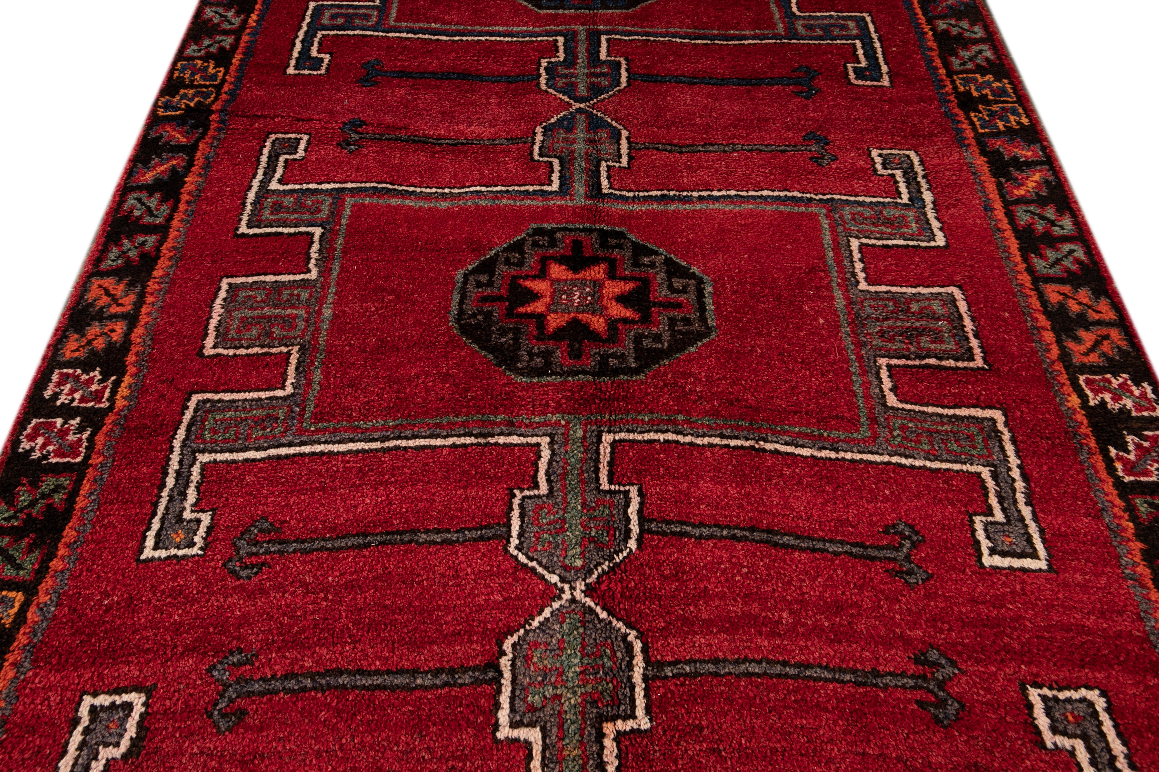Vintage Turkish Handmade Red Tribal Wool Runner For Sale 1