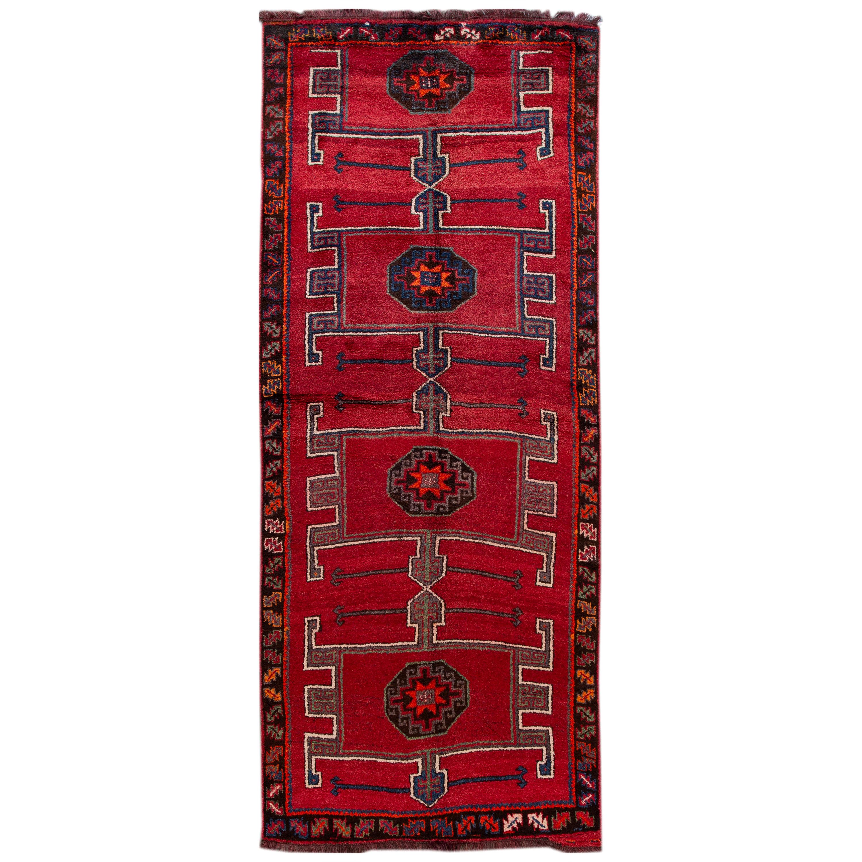 Vintage Turkish Handmade Red Tribal Wool Runner For Sale
