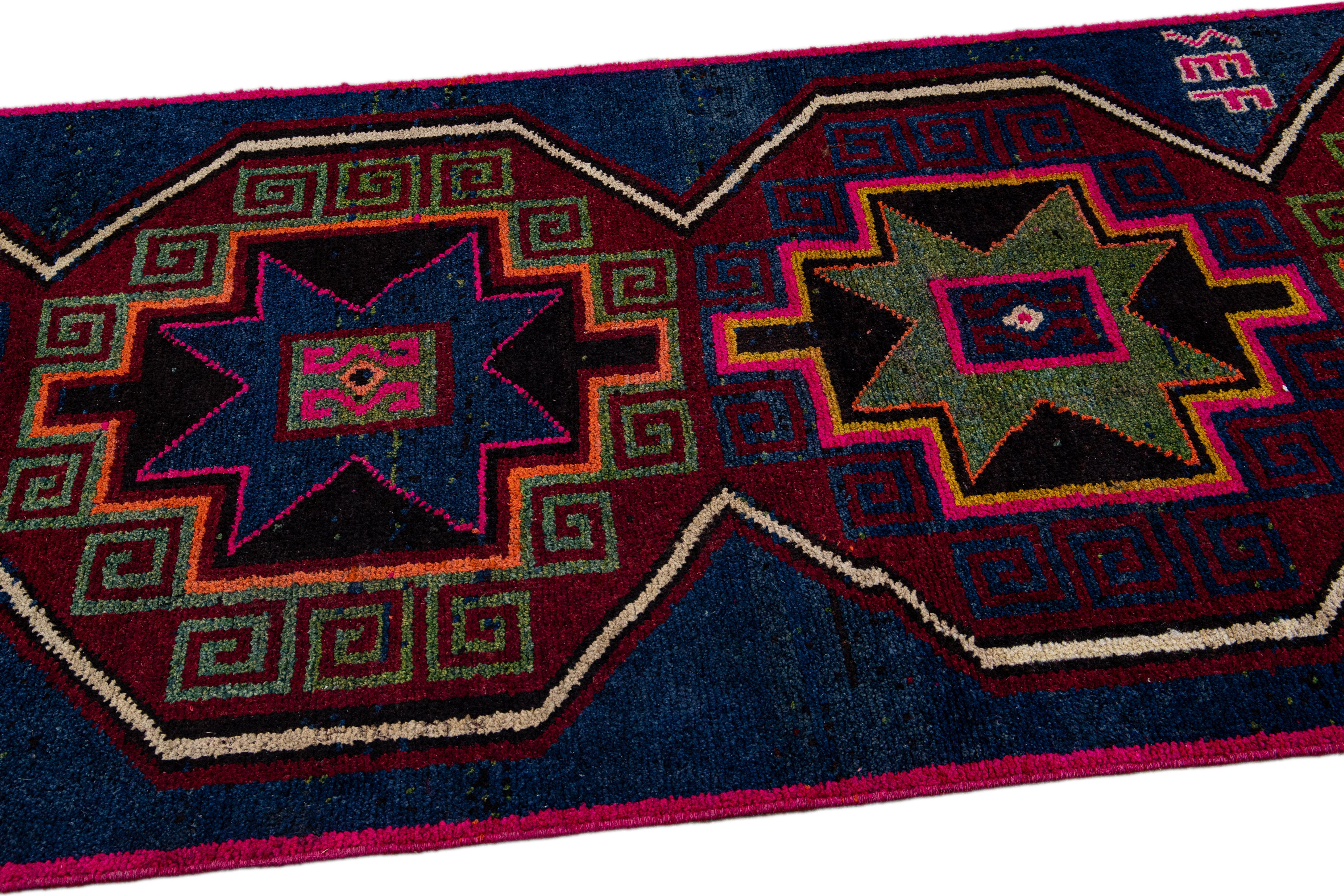 Vintage Turkish Handmade Tribal Blue Wool Runner For Sale 3